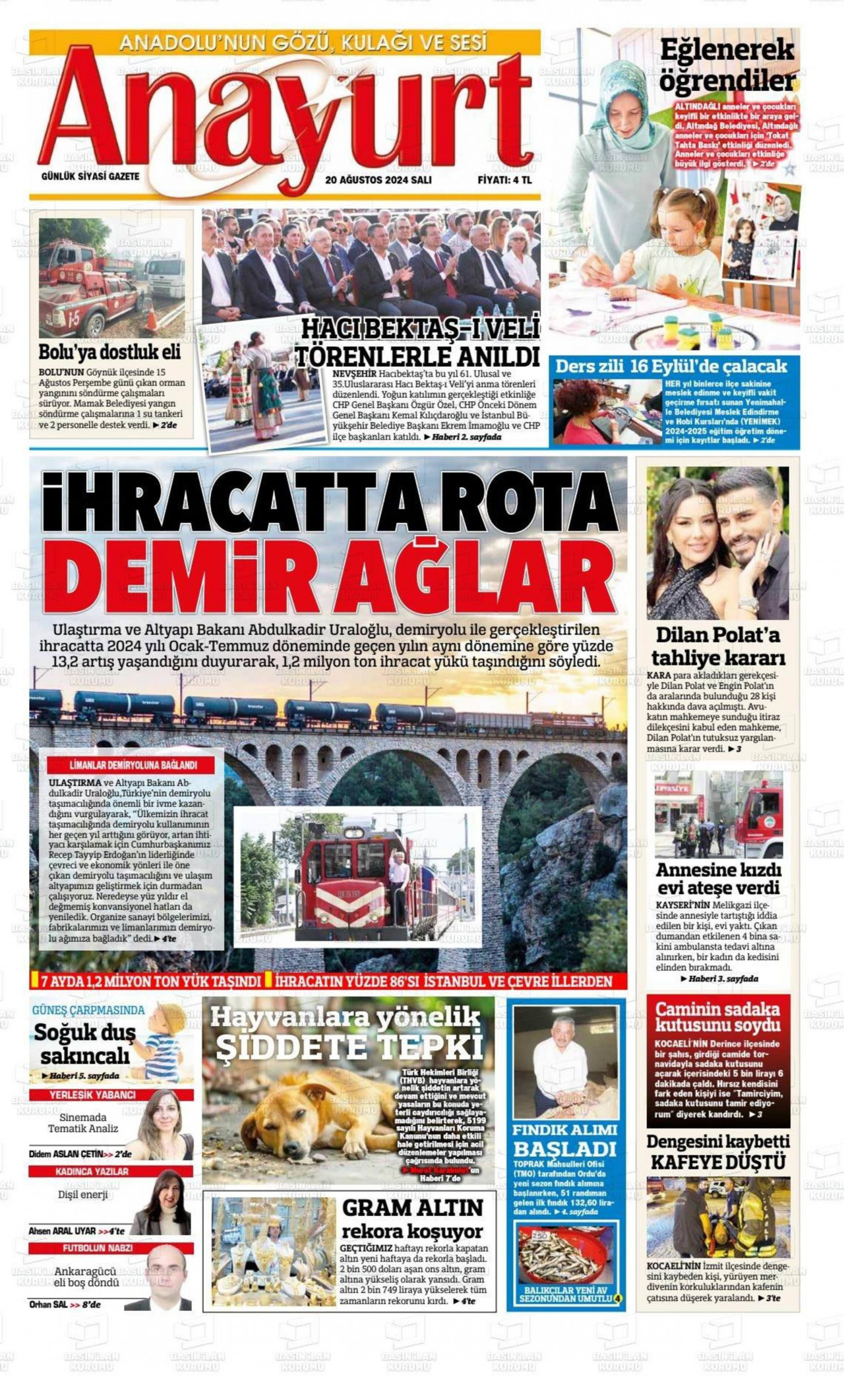 ANAYURT gazetesinin 20 Ağustos 2024 tarihli birinci sayfası