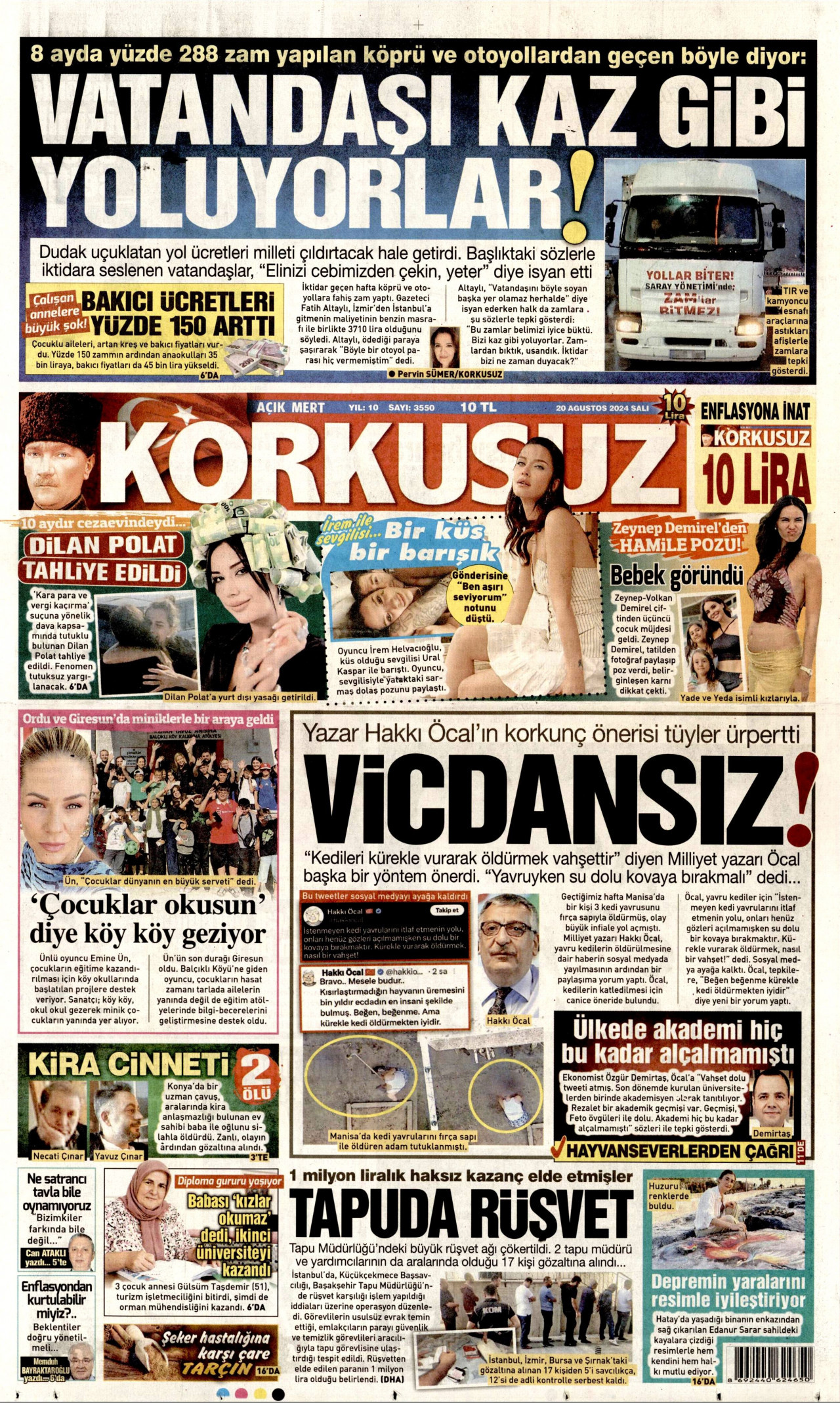 KORKUSUZ gazetesinin 20 Ağustos 2024 tarihli birinci sayfası