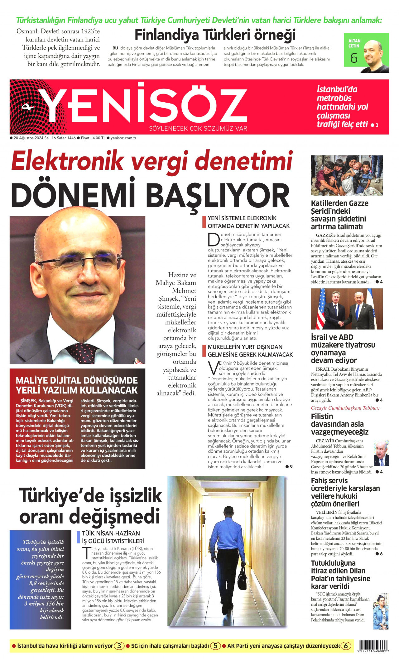 YENİ SÖZ GAZETESİ gazetesinin 20 Ağustos 2024 tarihli birinci sayfası