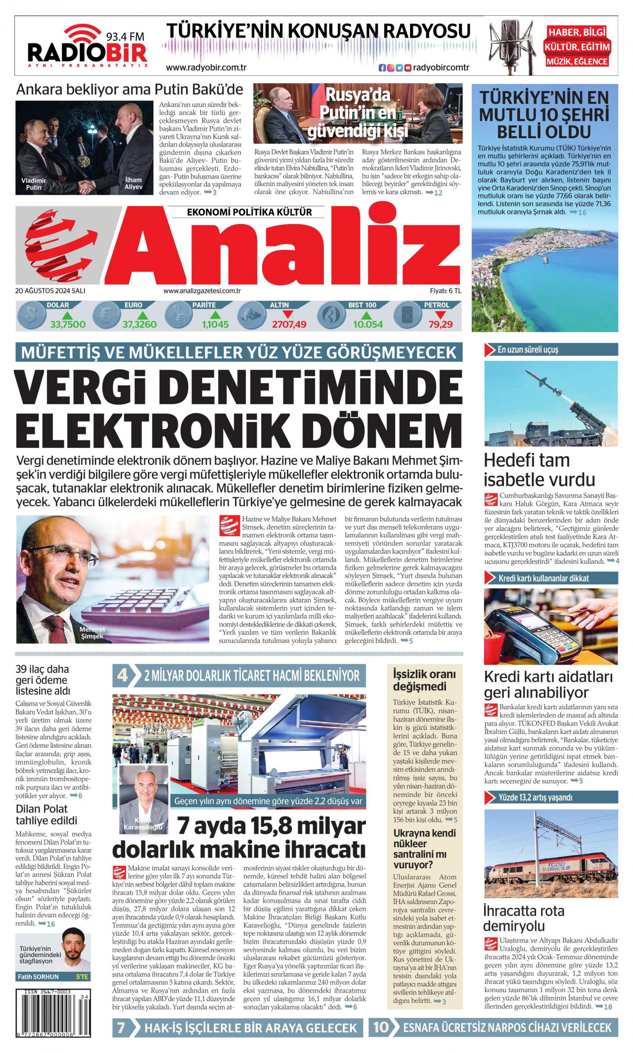 ANALİZ gazetesinin 20 Ağustos 2024 tarihli birinci sayfası