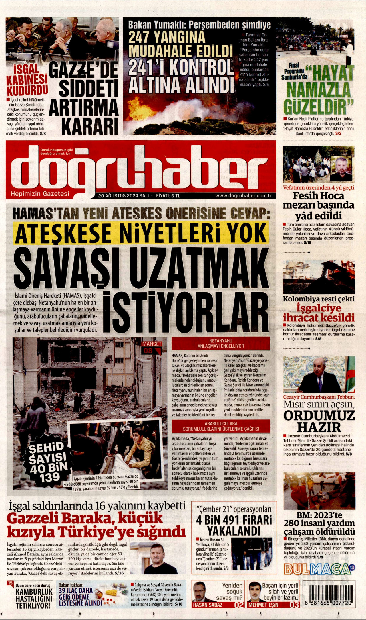 DOĞRU HABER gazetesinin 20 Ağustos 2024 tarihli birinci sayfası