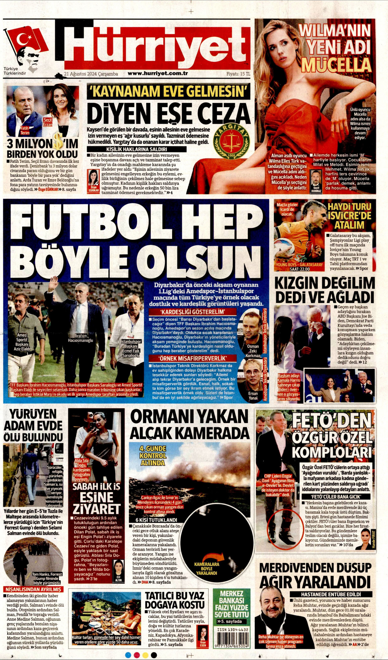 HÜRRİYET gazetesinin 21 Ağustos 2024 tarihli birinci sayfası