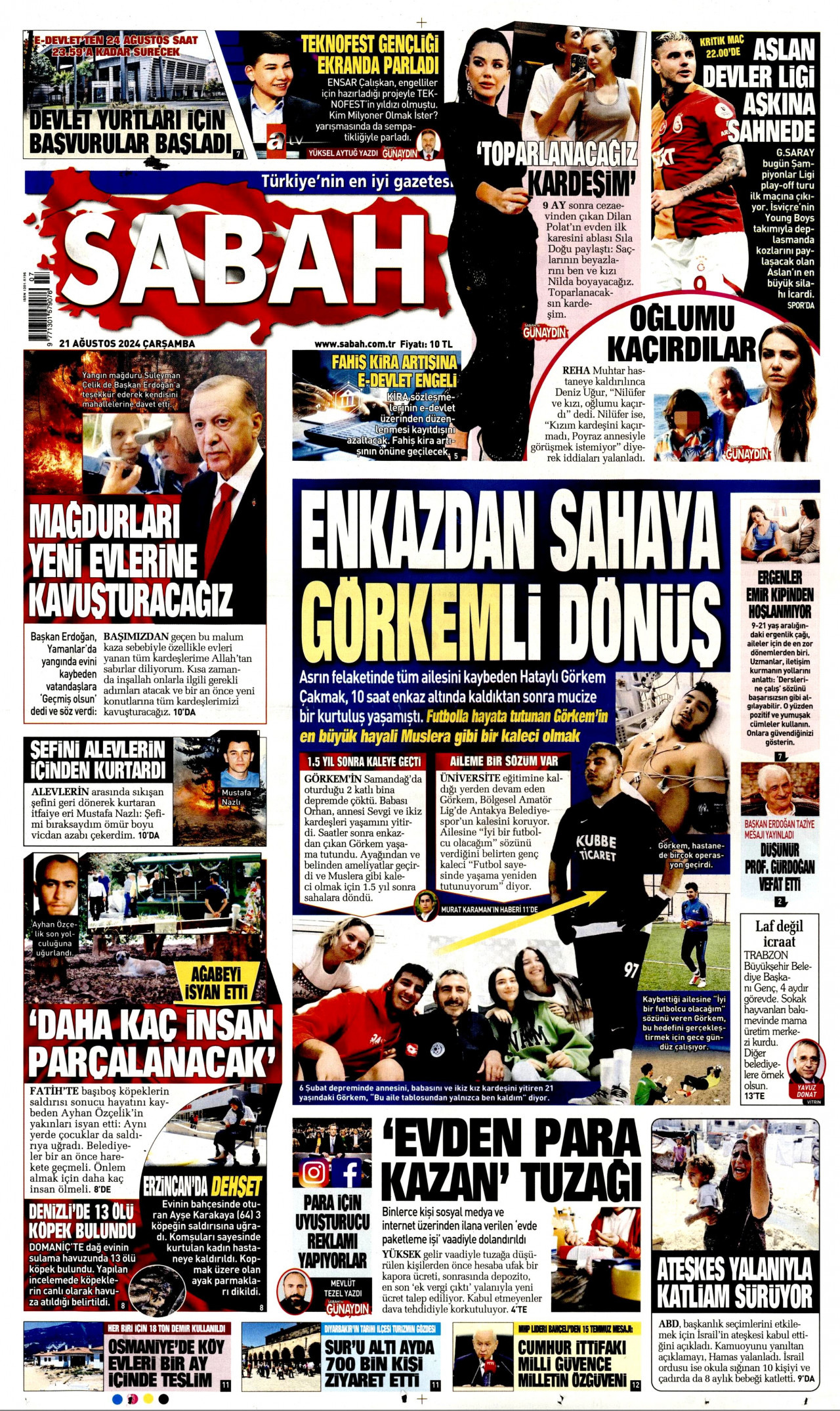 SABAH gazetesinin 21 Ağustos 2024 tarihli birinci sayfası