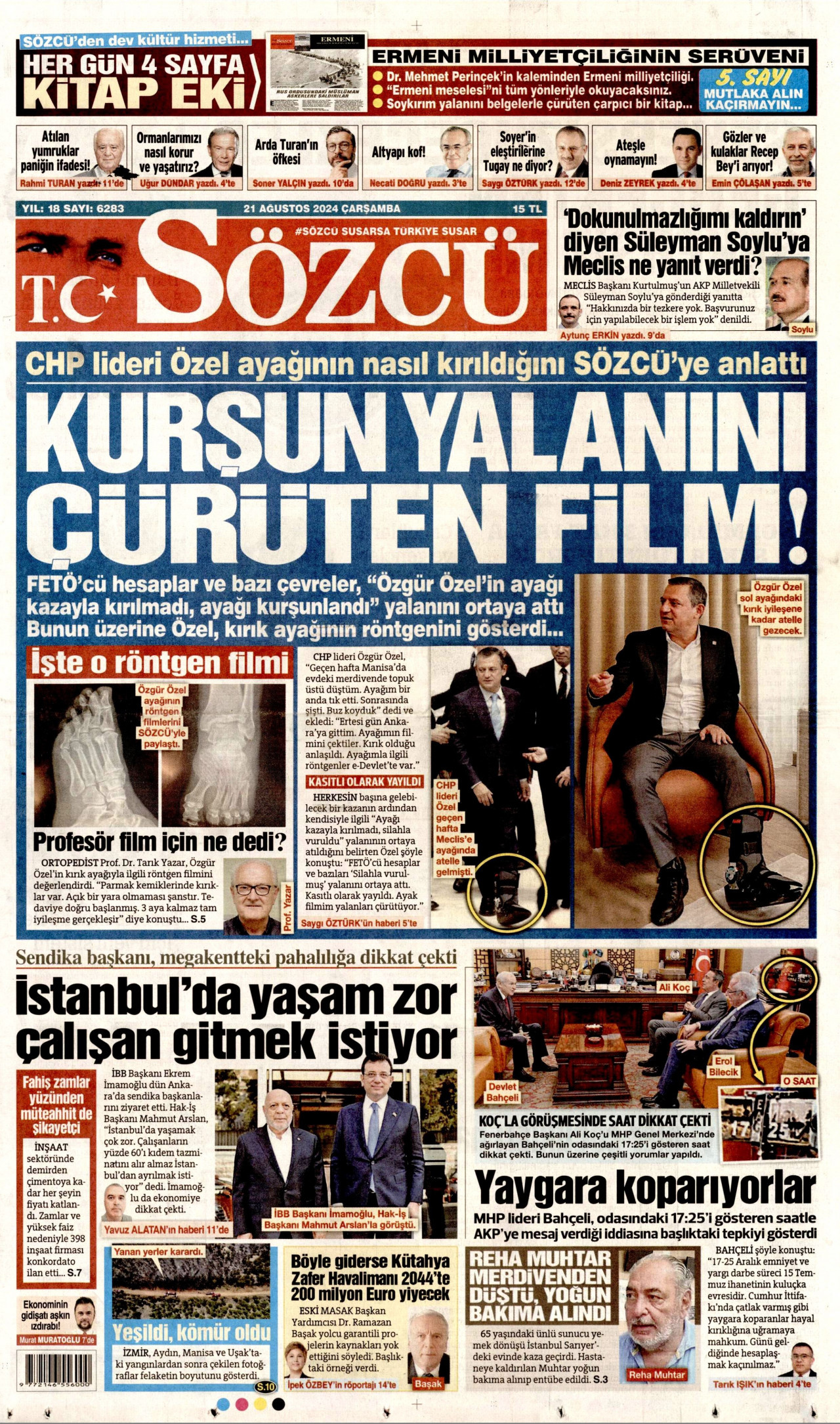 SÖZCÜ gazetesinin 21 Ağustos 2024 tarihli birinci sayfası