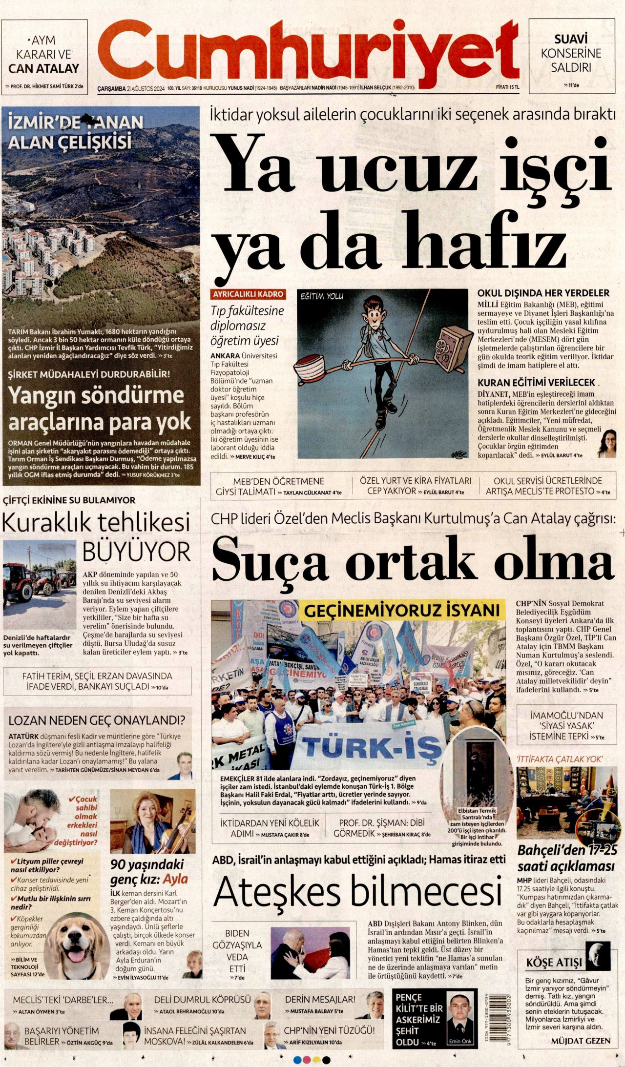 CUMHURİYET gazetesinin 21 Ağustos 2024 tarihli birinci sayfası