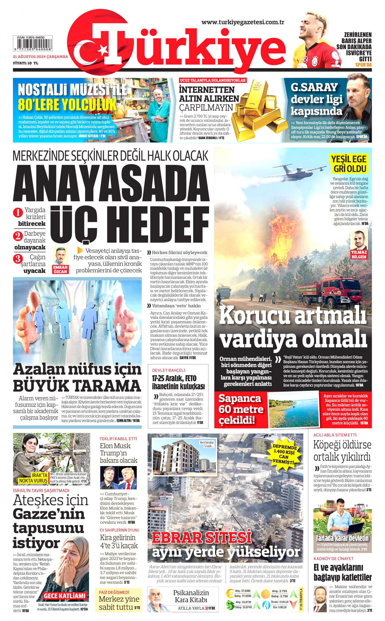 TÜRKİYE GAZETESİ gazetesinin 21 Ağustos 2024 tarihli birinci sayfası