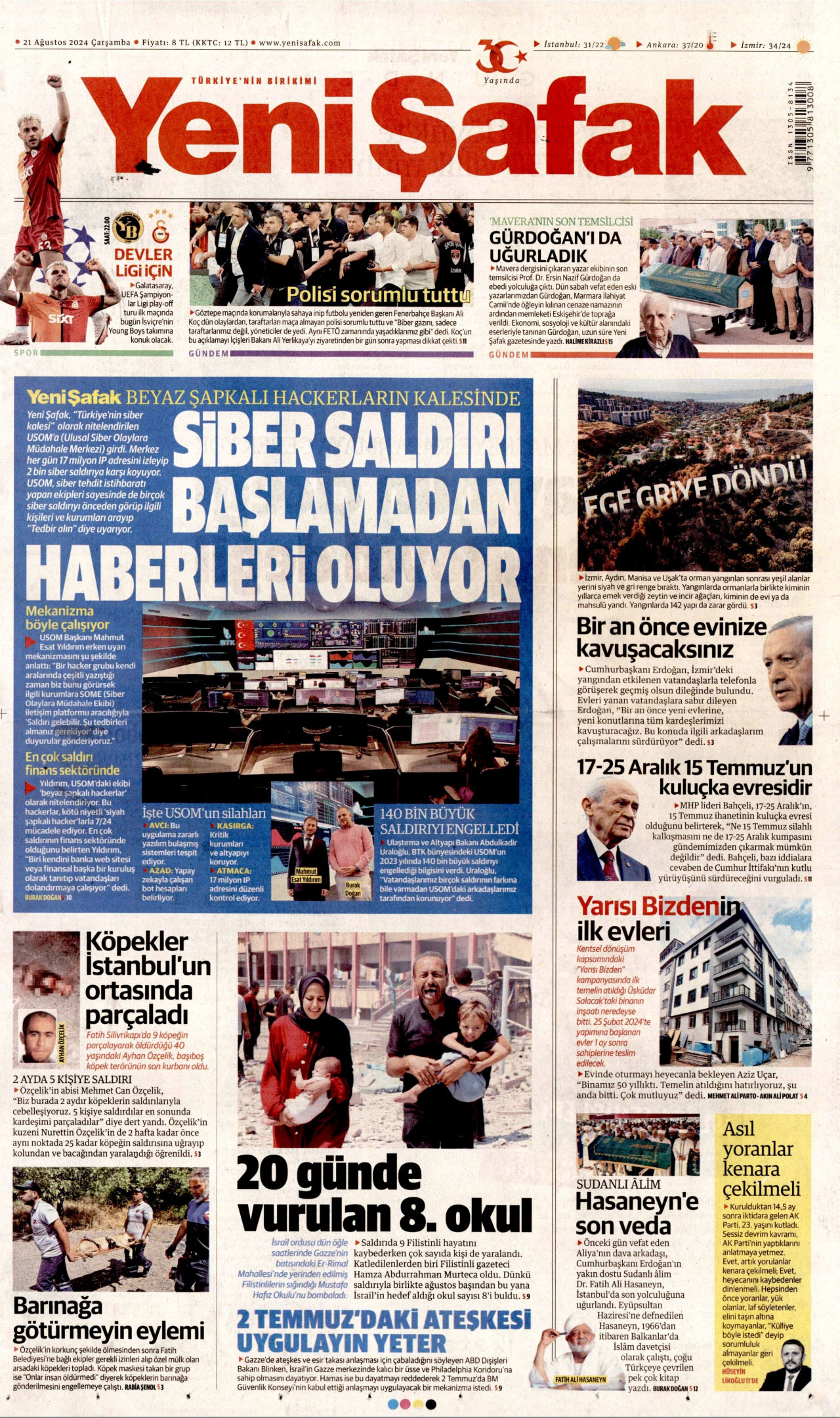 YENİ ŞAFAK gazetesinin 21 Ağustos 2024 tarihli birinci sayfası