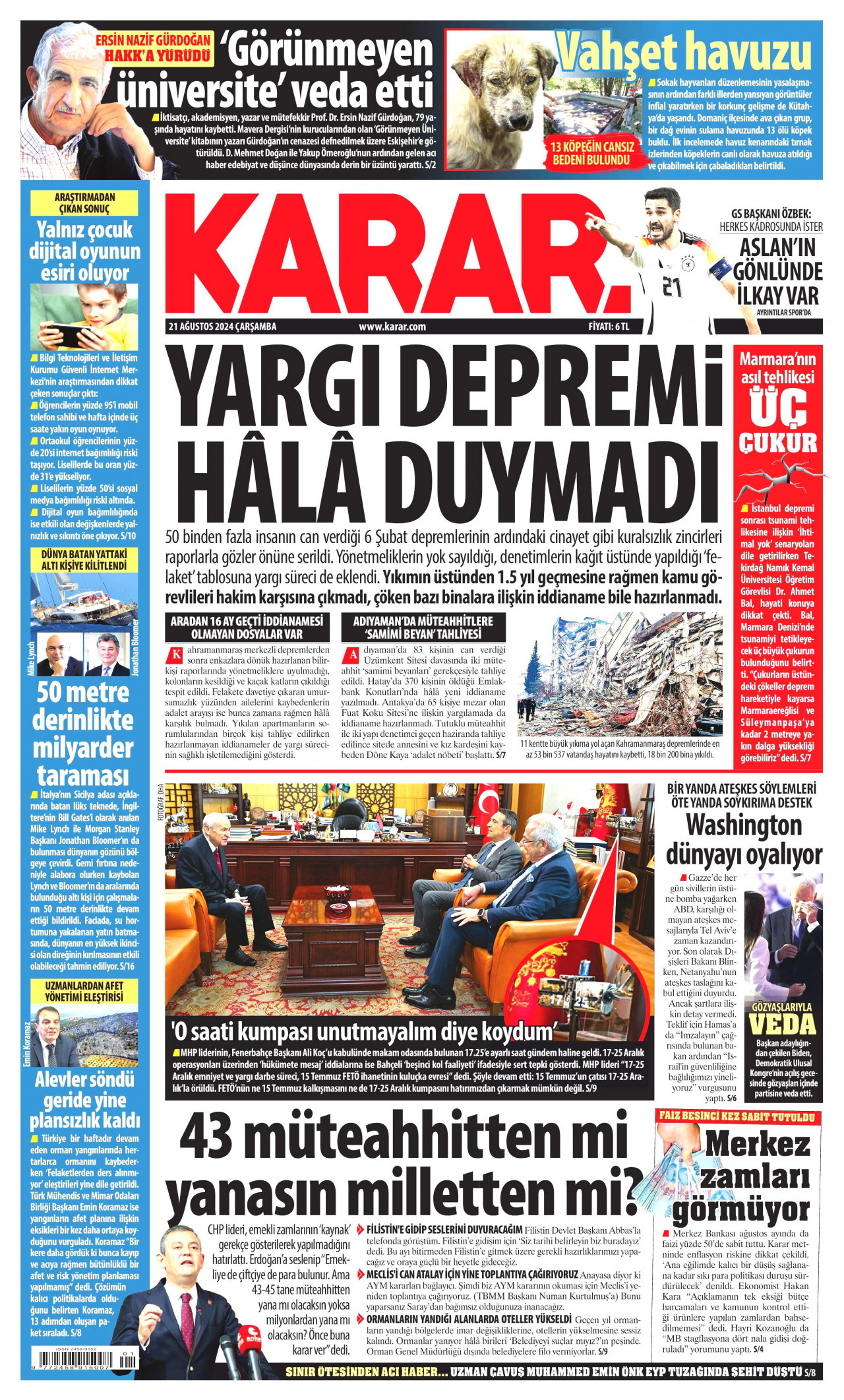 KARAR gazetesinin 21 Ağustos 2024 tarihli birinci sayfası