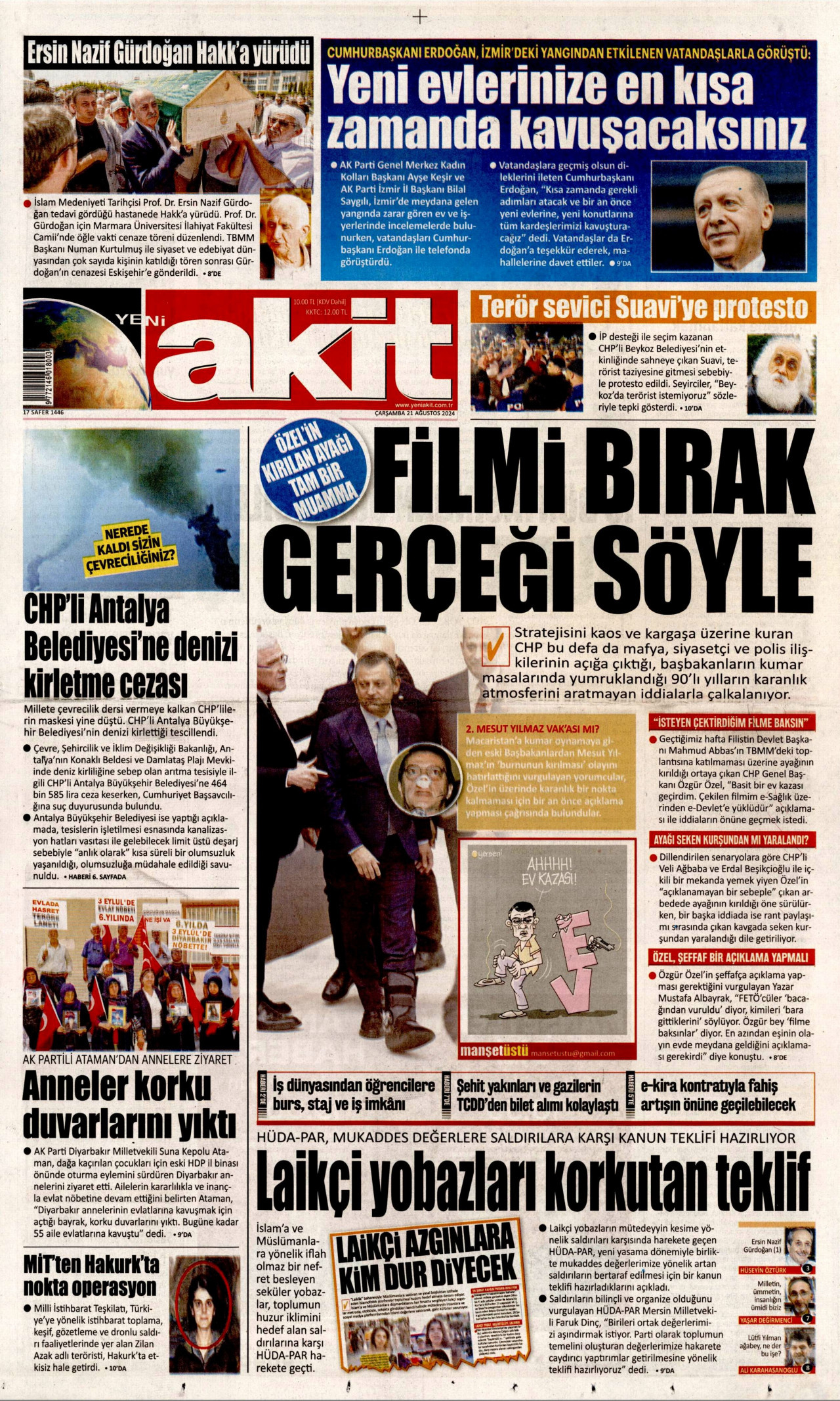 YENİ AKİT gazetesinin 21 Ağustos 2024 tarihli birinci sayfası