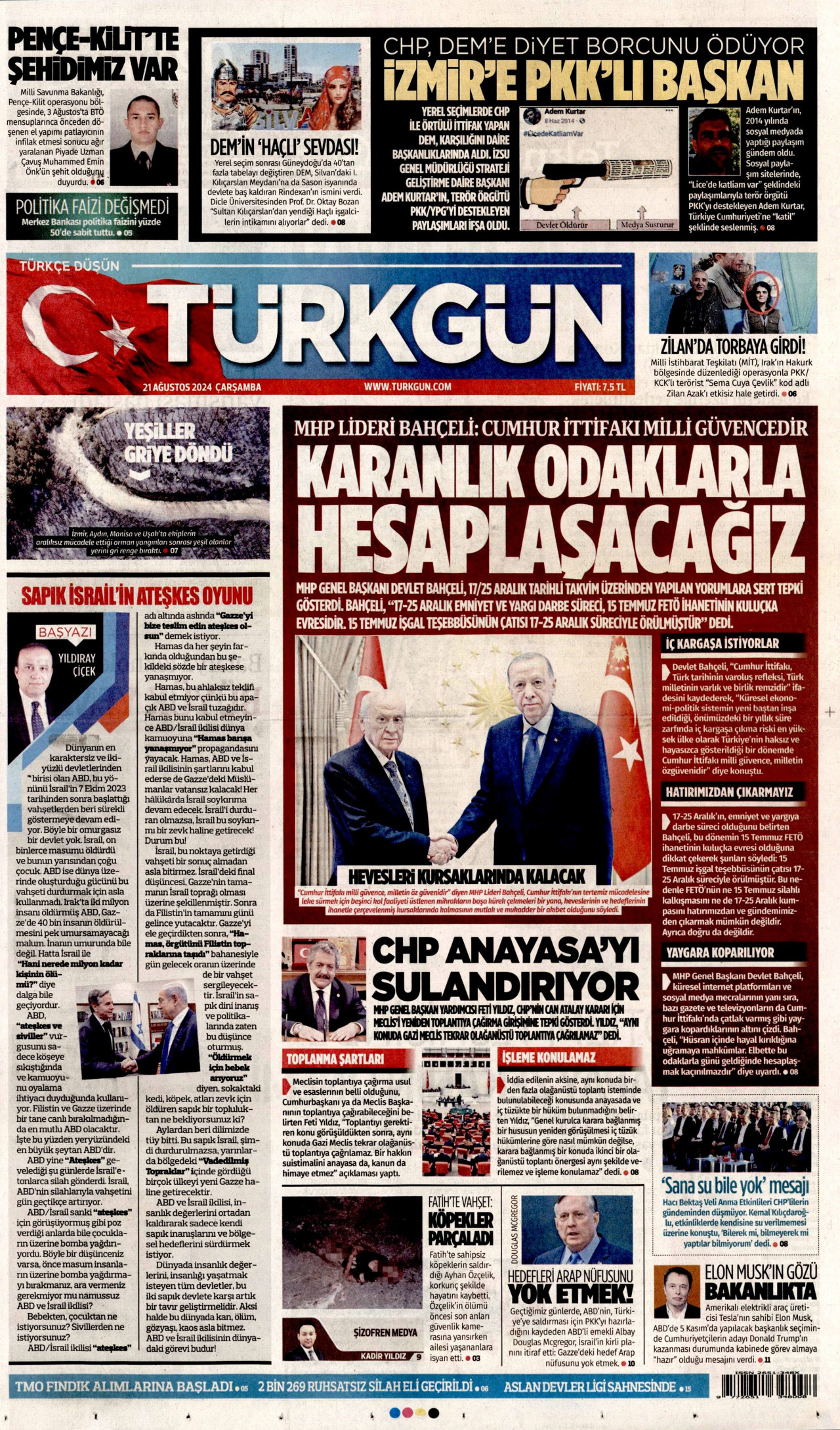 TÜRKGÜN gazetesinin 21 Ağustos 2024 tarihli birinci sayfası