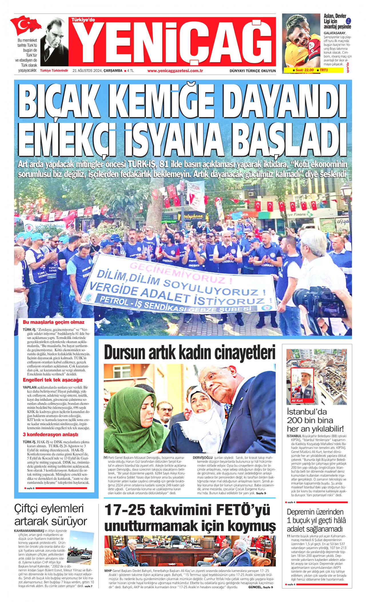 YENİÇAĞ gazetesinin 21 Ağustos 2024 tarihli birinci sayfası