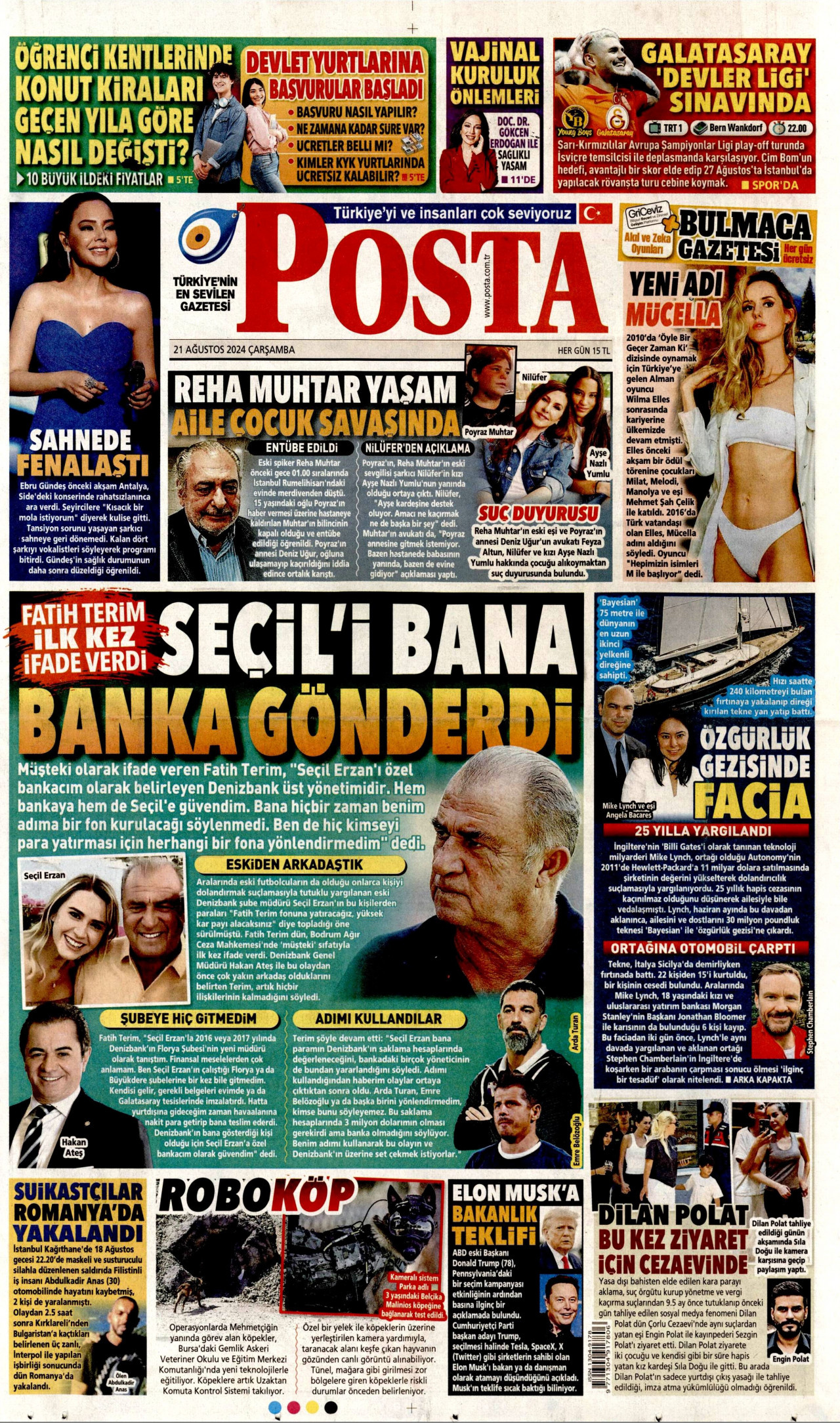 POSTA gazetesinin 21 Ağustos 2024 tarihli birinci sayfası