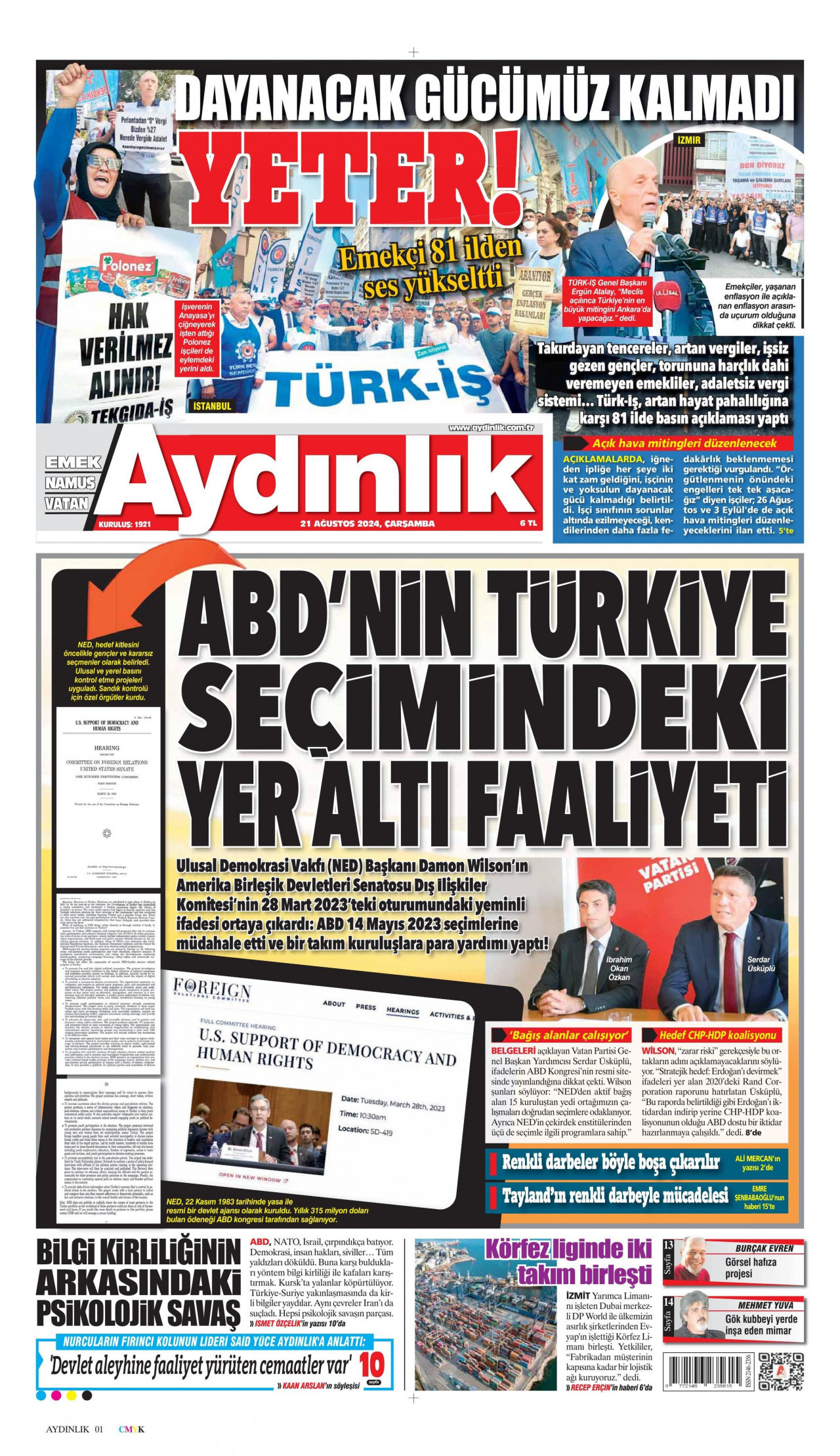AYDINLIK GAZETESİ gazetesinin 21 Ağustos 2024 tarihli birinci sayfası