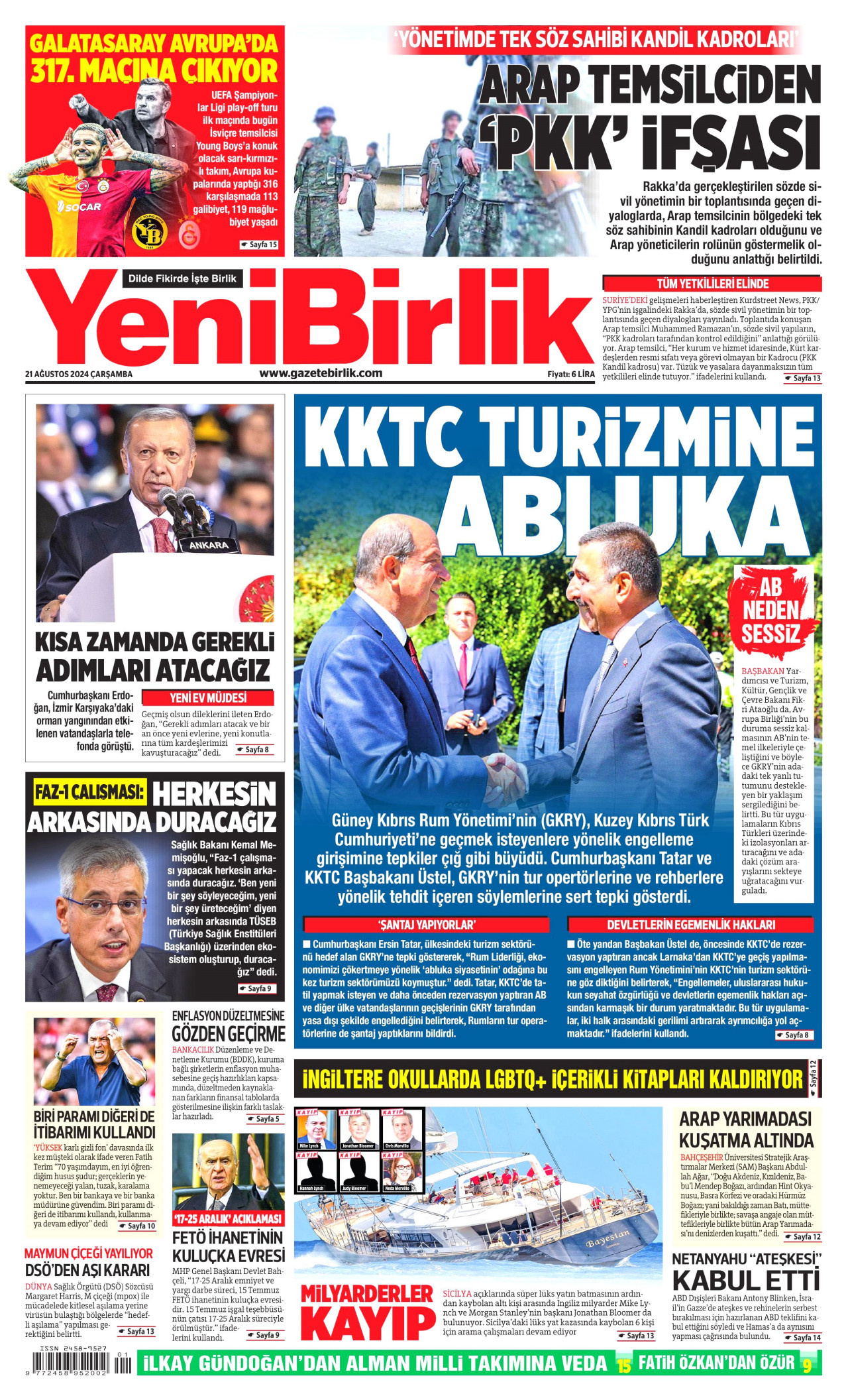 YENİBİRLİK gazetesinin 21 Ağustos 2024 tarihli birinci sayfası
