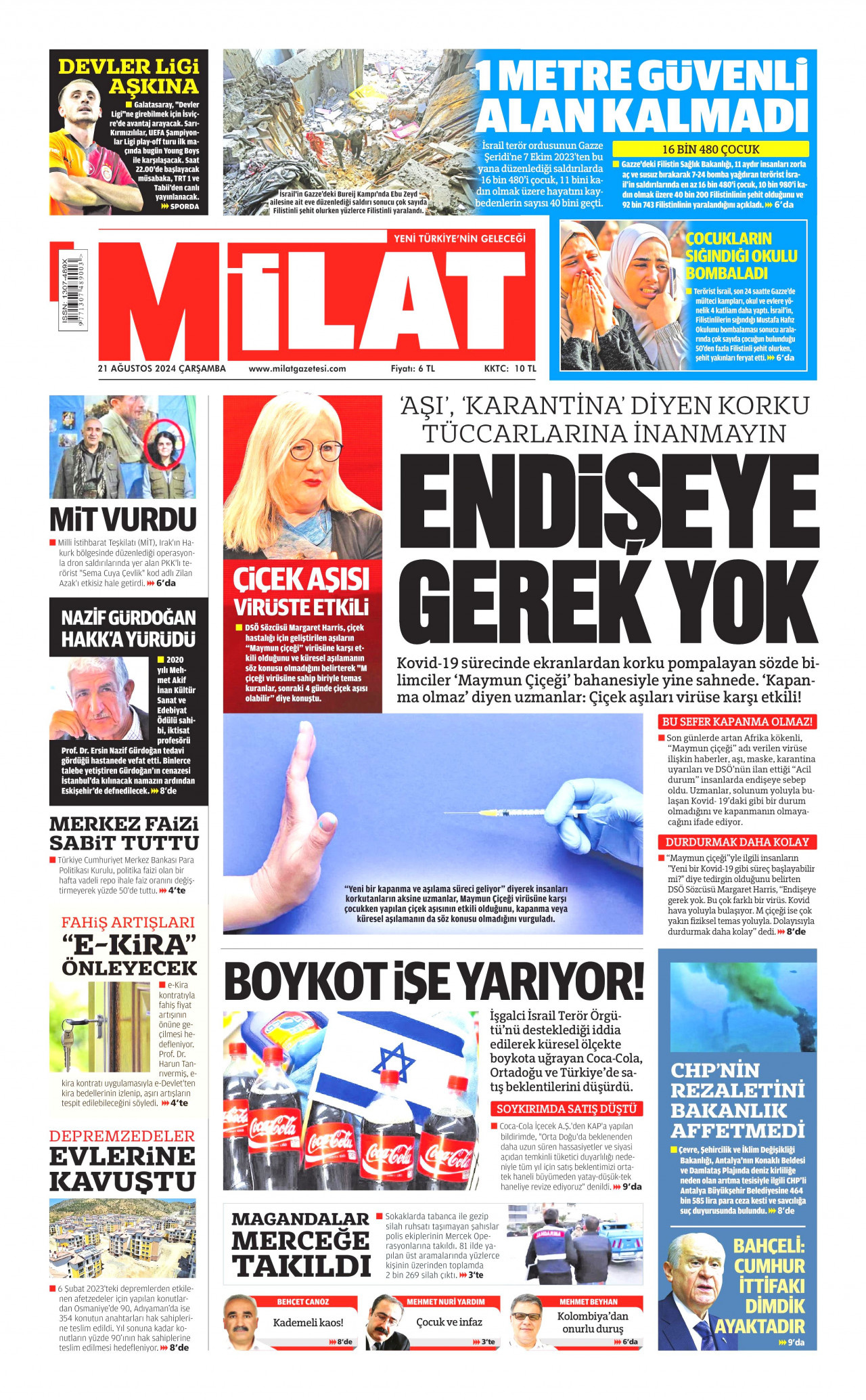 MİLAT gazetesinin 21 Ağustos 2024 tarihli birinci sayfası