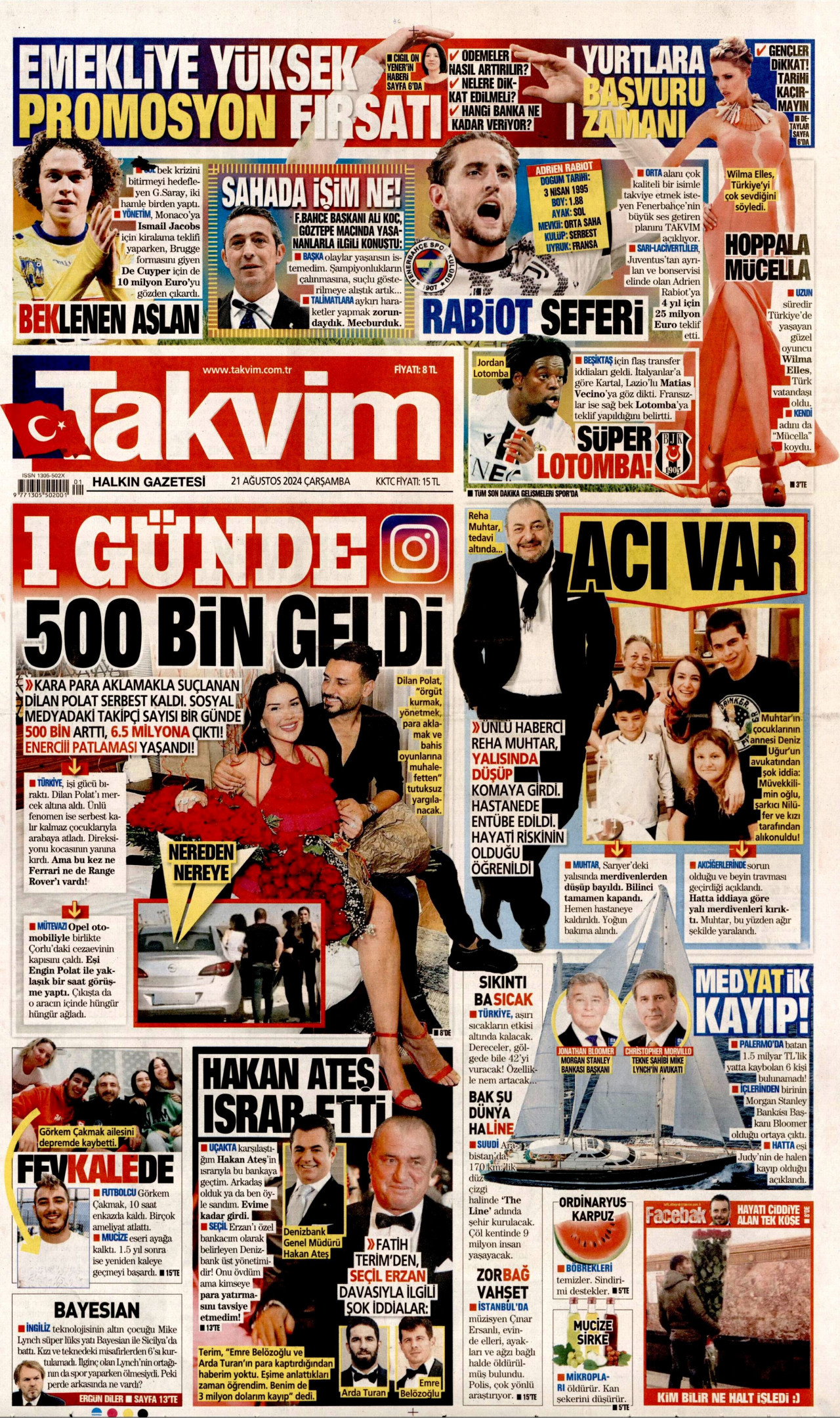 TAKVİM gazetesinin 21 Ağustos 2024 tarihli birinci sayfası