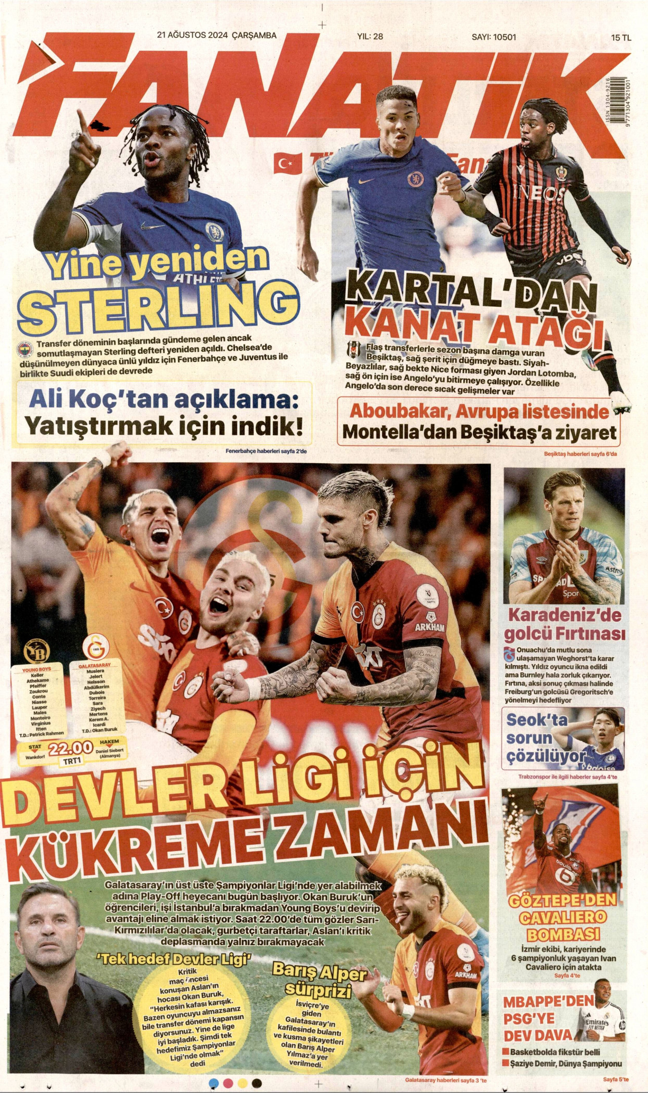 FANATİK gazetesinin 21 Ağustos 2024 tarihli birinci sayfası