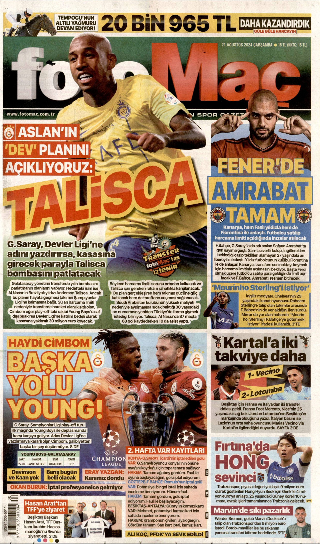 FOTOMAÇ gazetesinin 21 Ağustos 2024 tarihli birinci sayfası