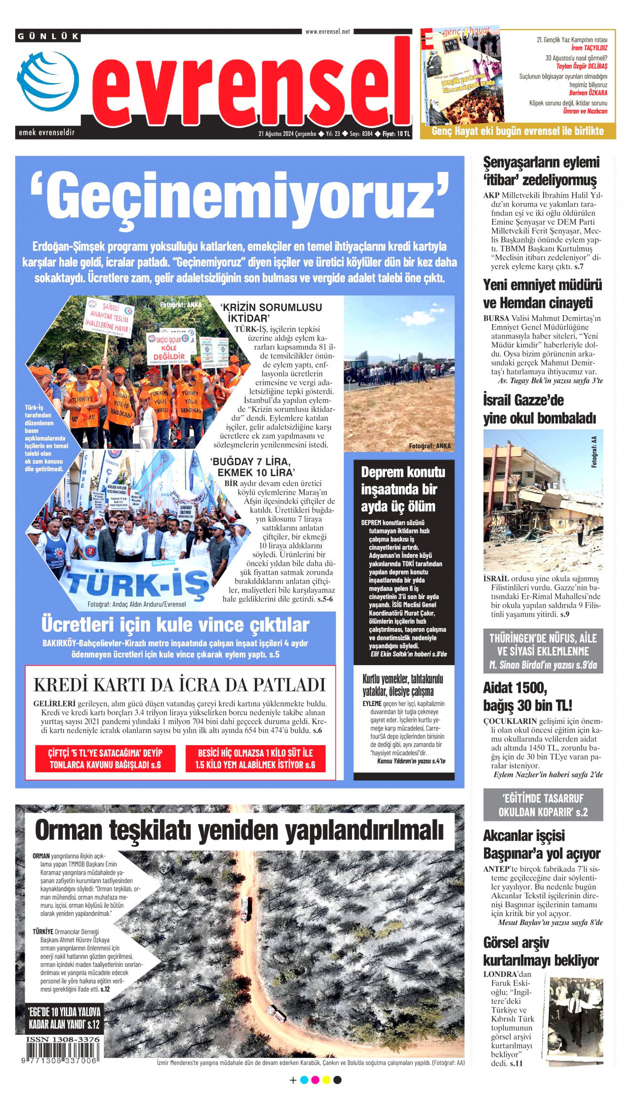 EVRENSEL gazetesinin 21 Ağustos 2024 tarihli birinci sayfası
