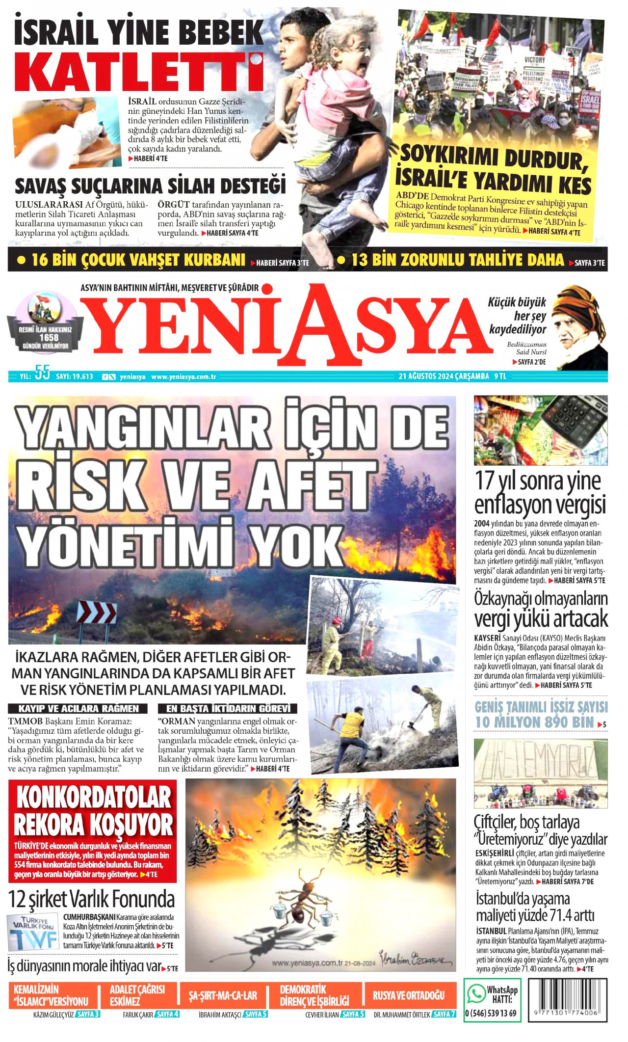 YENİ ASYA gazetesinin 21 Ağustos 2024 tarihli birinci sayfası