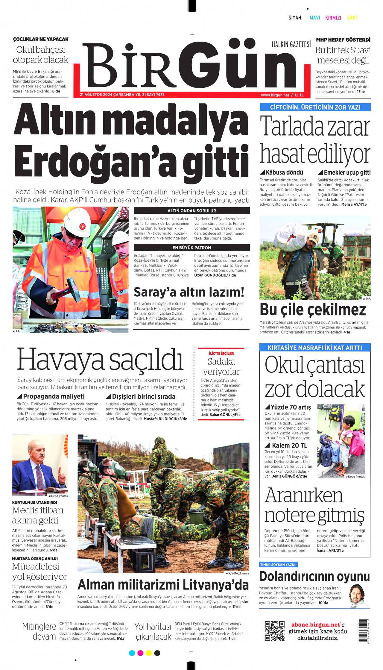 BİRGÜN gazetesinin 21 Ağustos 2024 tarihli birinci sayfası
