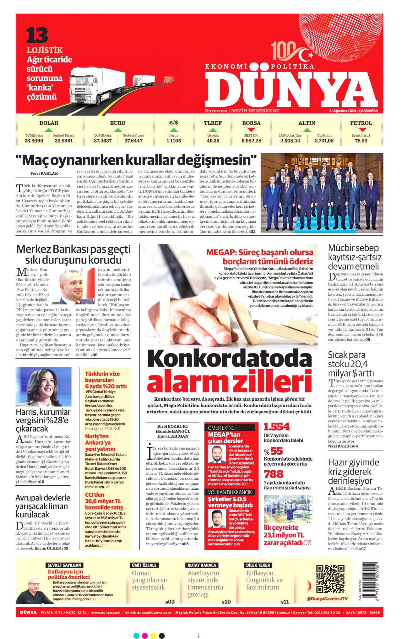 DÜNYA gazetesinin 21 Ağustos 2024 tarihli birinci sayfası