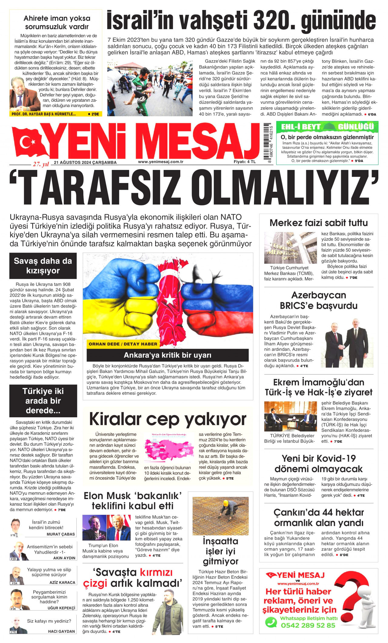 YENİ MESAJ gazetesinin 21 Ağustos 2024 tarihli birinci sayfası