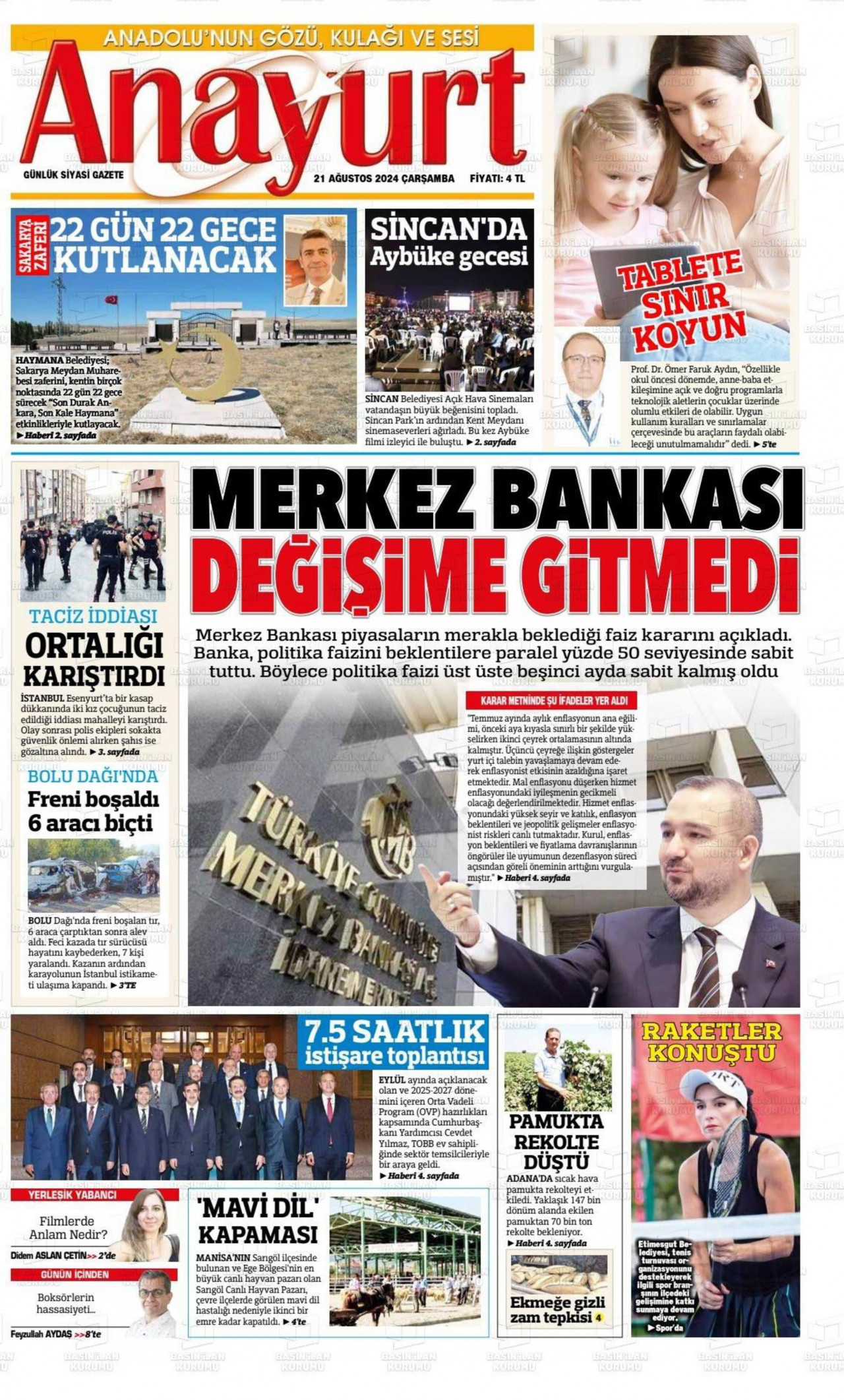 ANAYURT gazetesinin 21 Ağustos 2024 tarihli birinci sayfası