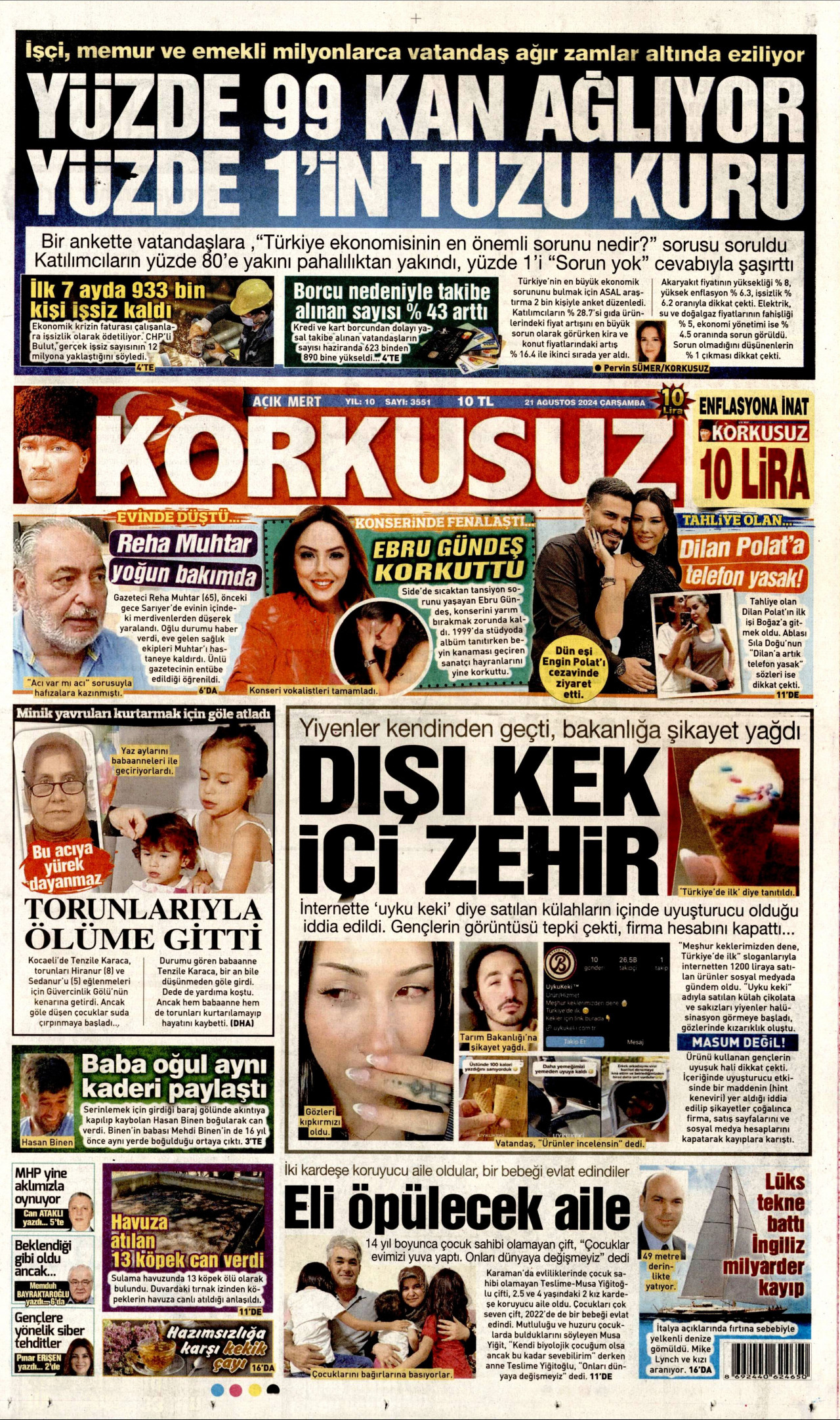 KORKUSUZ gazetesinin 21 Ağustos 2024 tarihli birinci sayfası