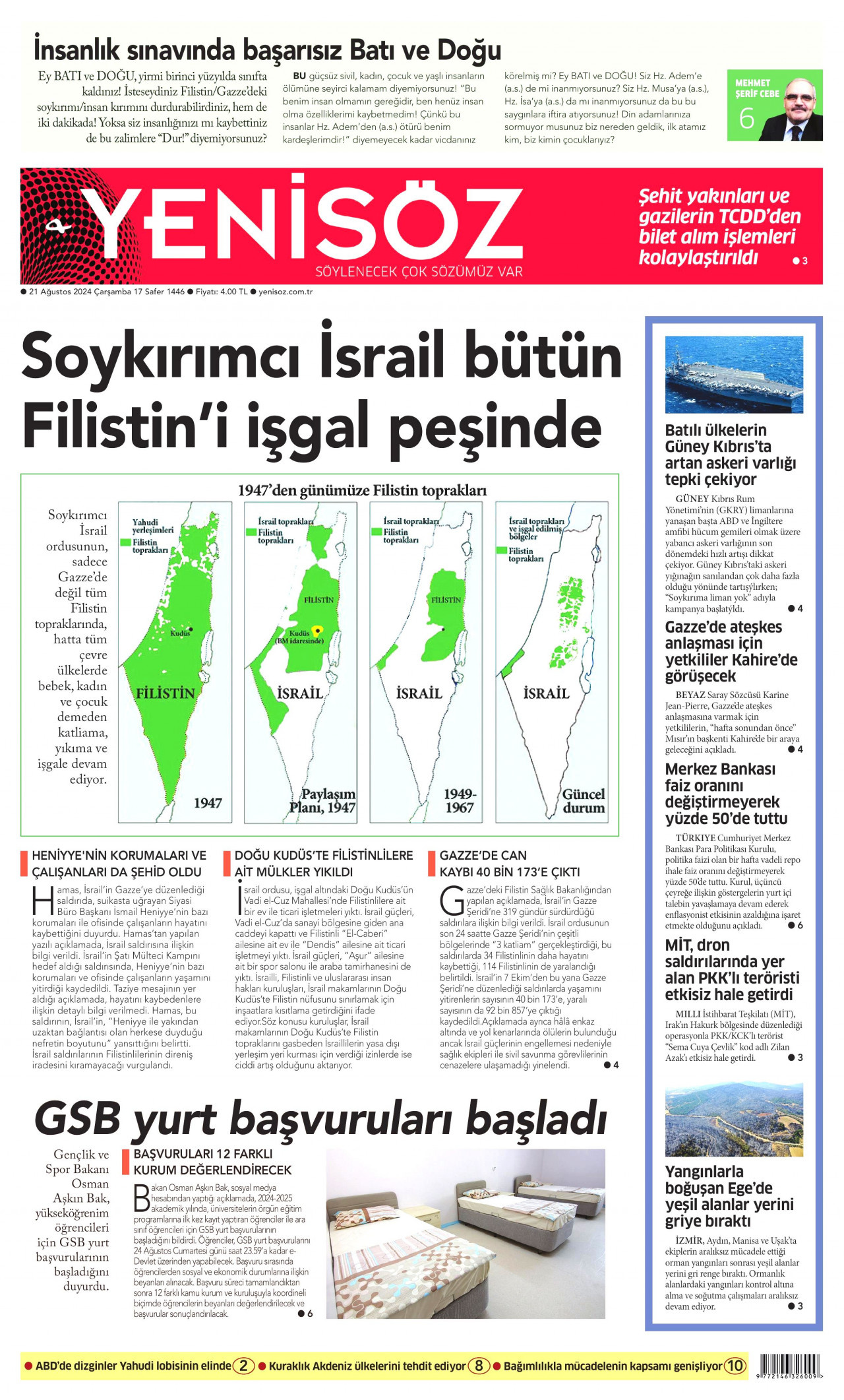 YENİ SÖZ GAZETESİ gazetesinin 21 Ağustos 2024 tarihli birinci sayfası