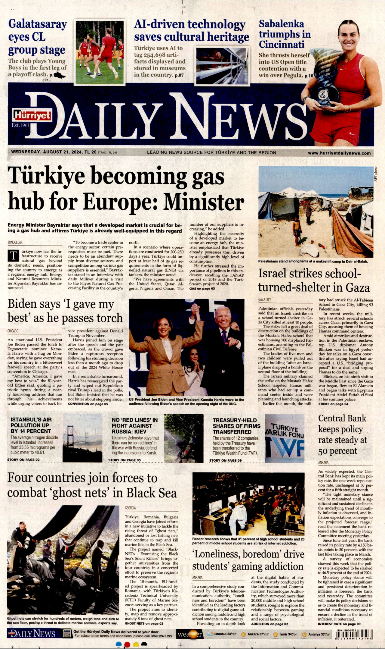 HÜRRİYET DAİLY NEWS gazetesinin 21 Ağustos 2024 tarihli birinci sayfası