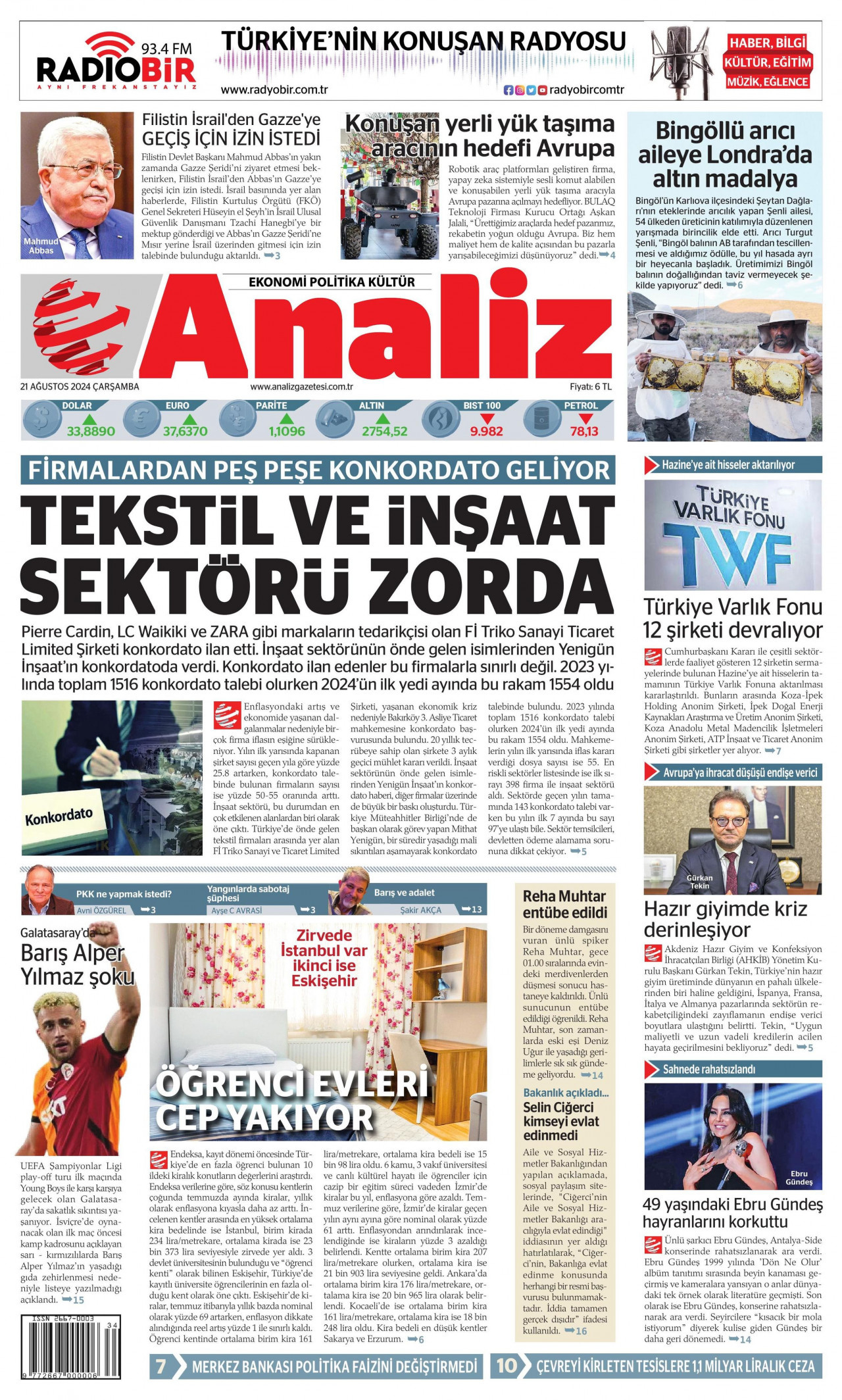 ANALİZ gazetesinin 21 Ağustos 2024 tarihli birinci sayfası