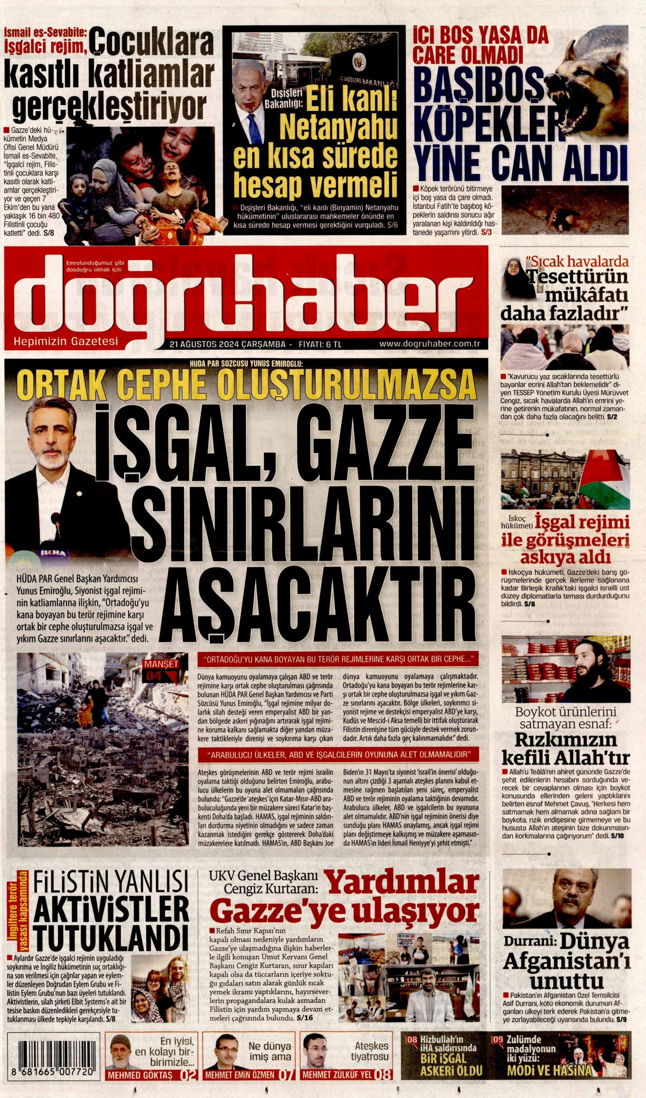 DOĞRU HABER gazetesinin 21 Ağustos 2024 tarihli birinci sayfası