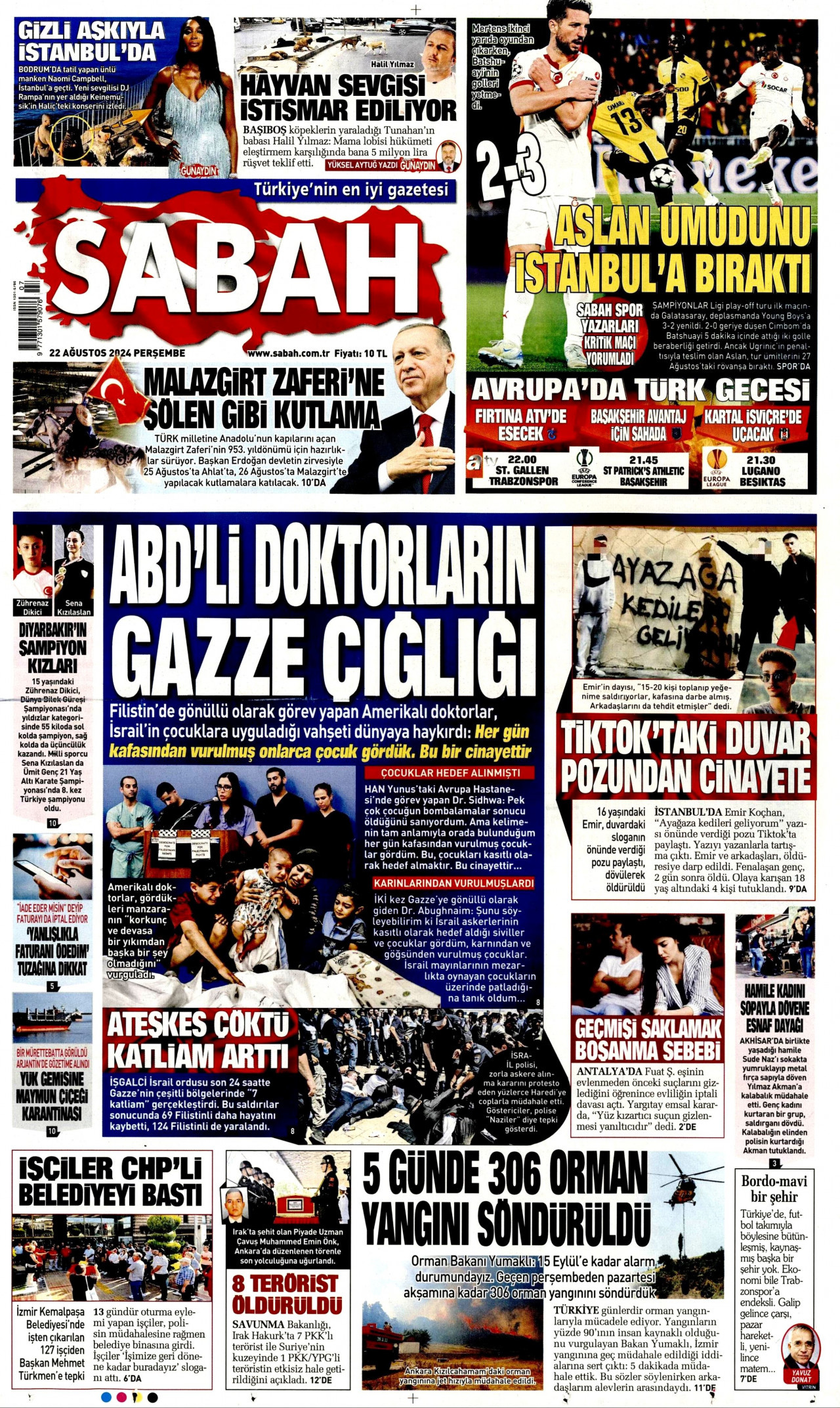 SABAH gazetesinin 22 Ağustos 2024 tarihli birinci sayfası