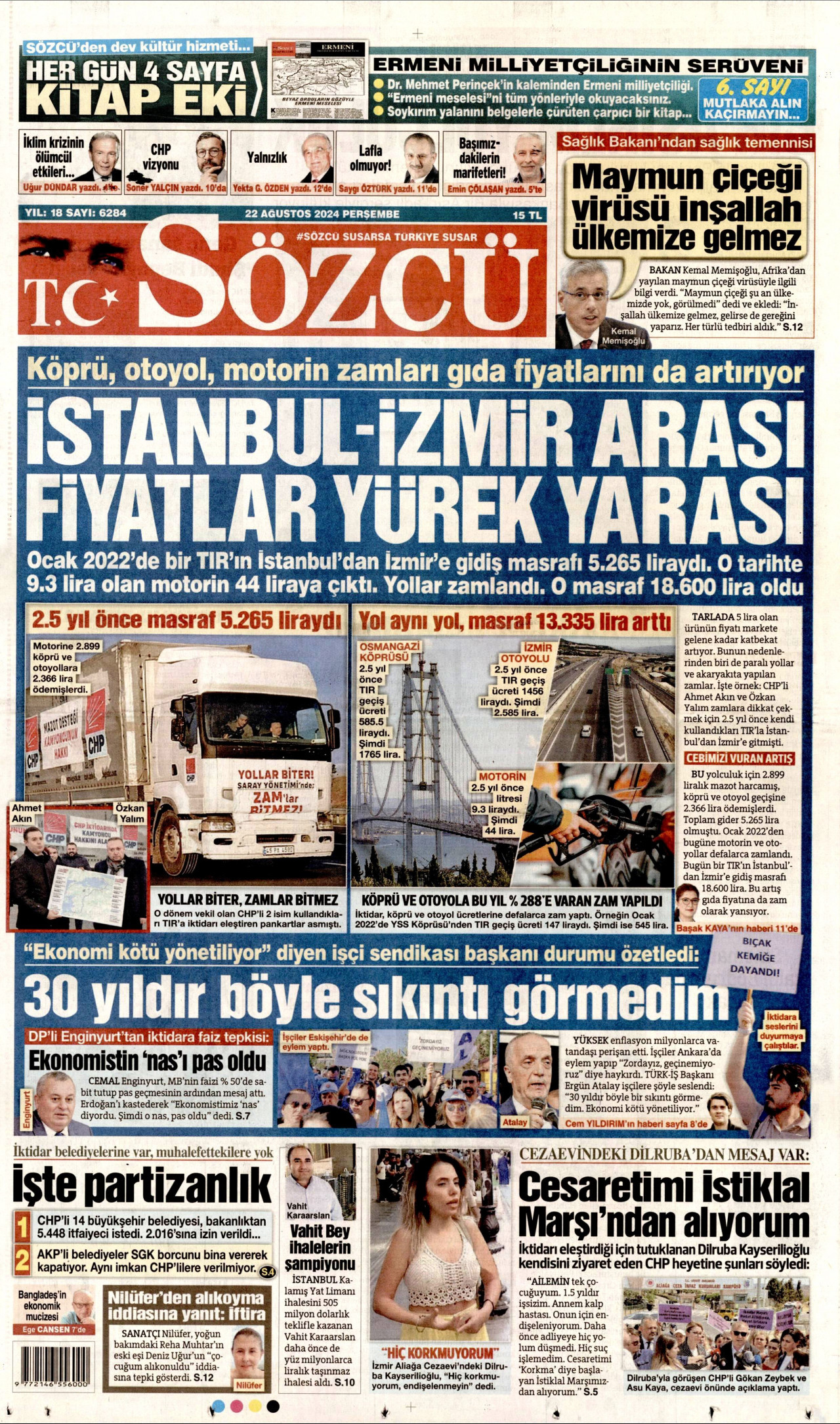 SÖZCÜ gazetesinin 22 Ağustos 2024 tarihli birinci sayfası