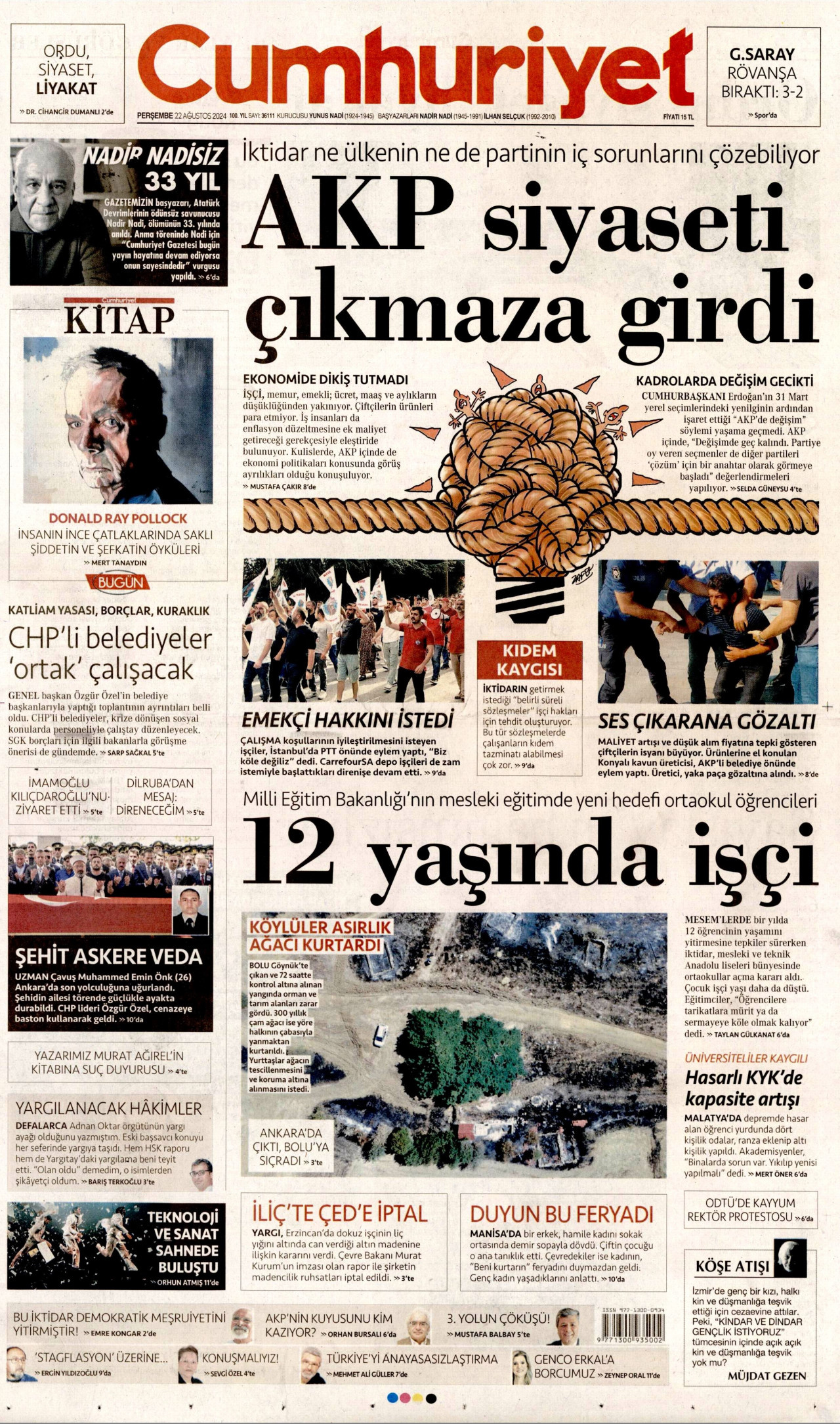 CUMHURİYET gazetesinin 22 Ağustos 2024 tarihli birinci sayfası