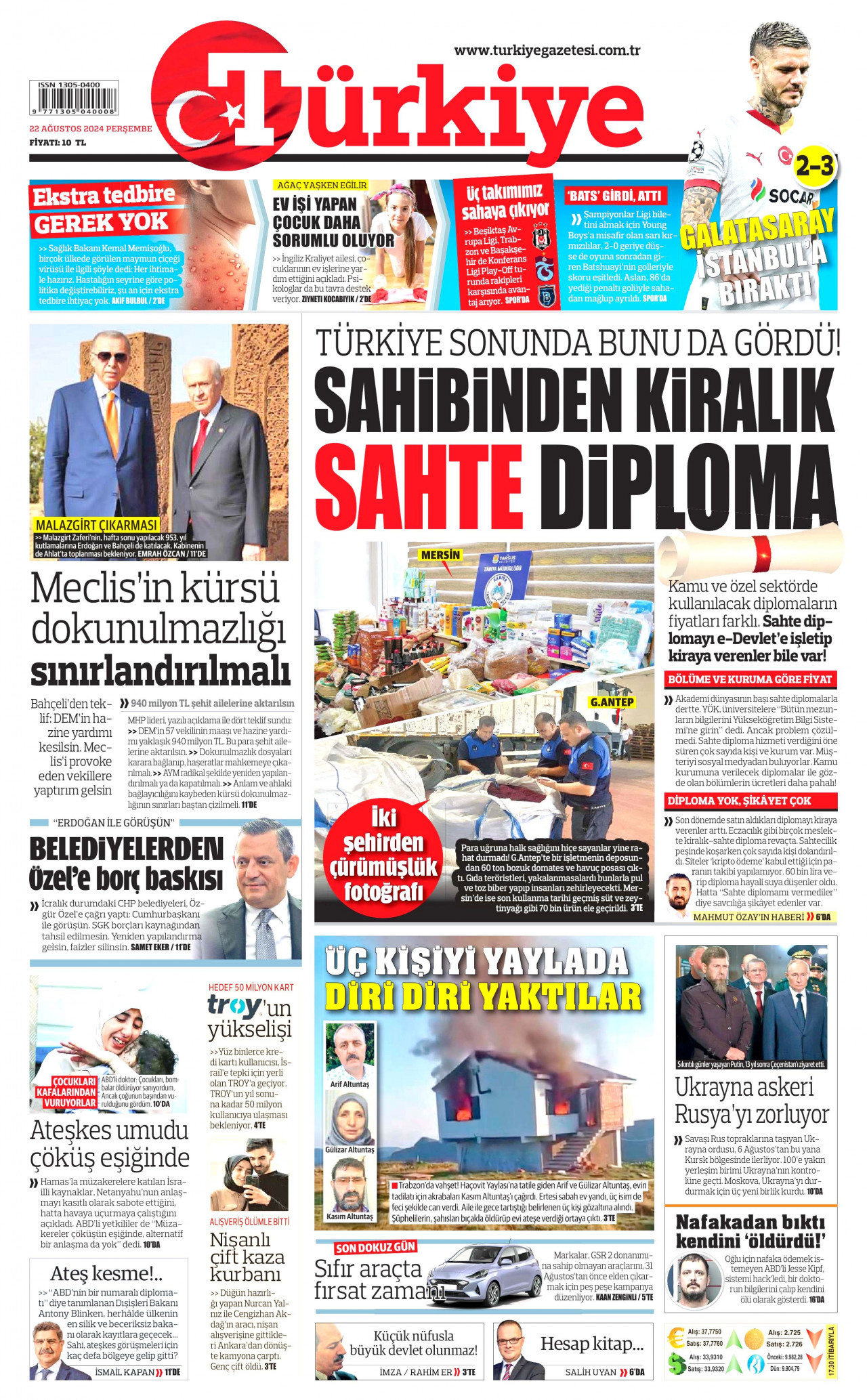 TÜRKİYE GAZETESİ gazetesinin 22 Ağustos 2024 tarihli birinci sayfası