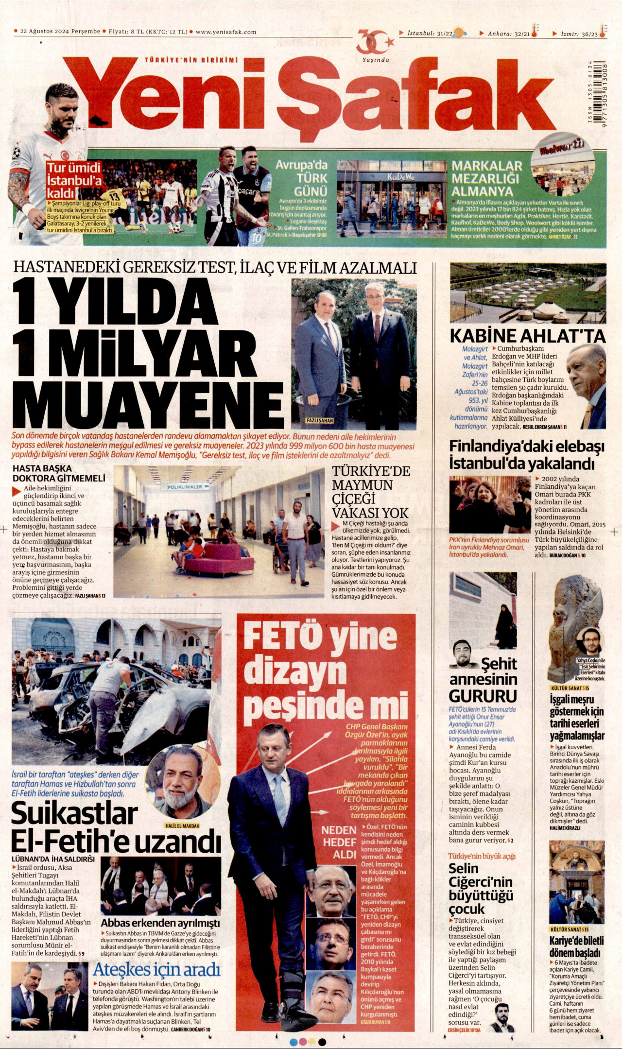 YENİ ŞAFAK gazetesinin 22 Ağustos 2024 tarihli birinci sayfası