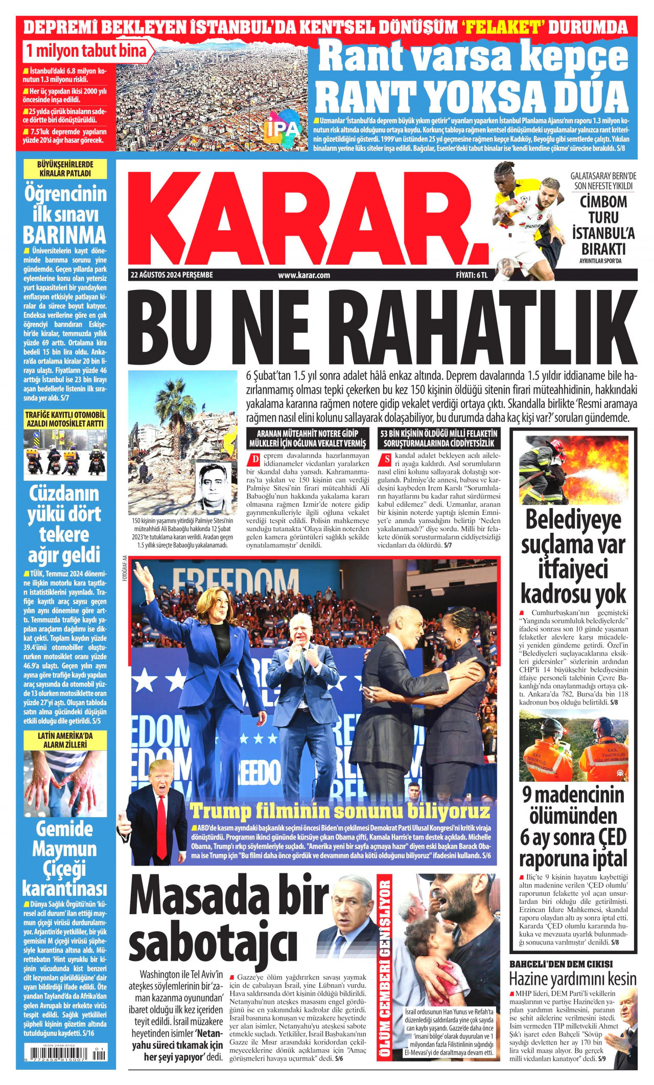 KARAR gazetesinin 22 Ağustos 2024 tarihli birinci sayfası