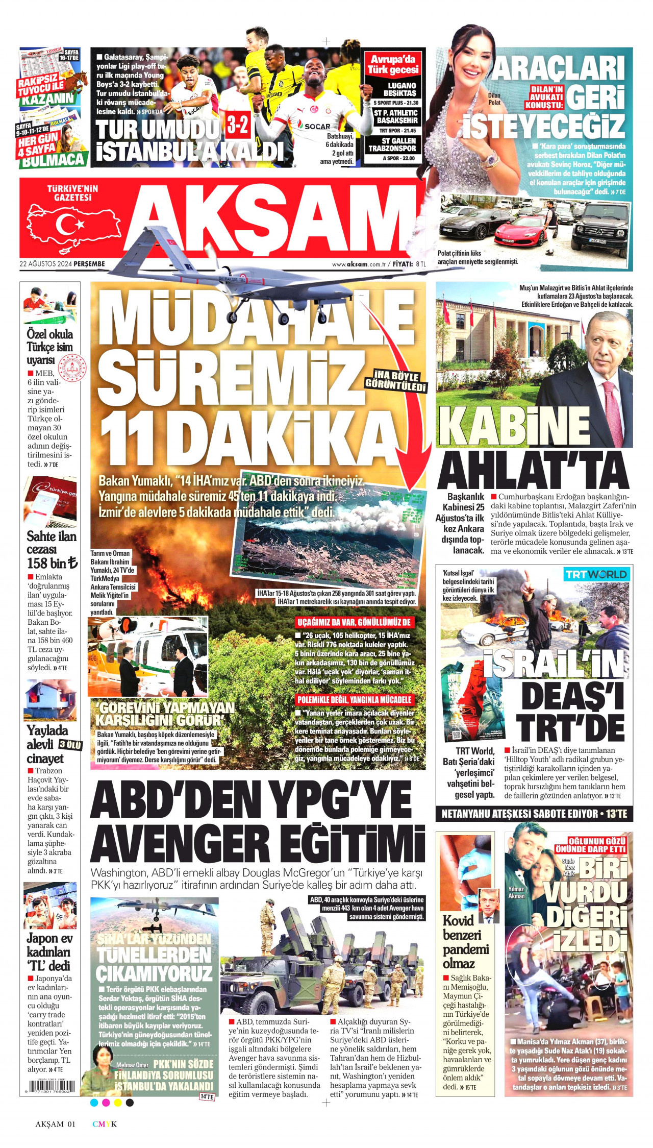 AKŞAM gazetesinin 22 Ağustos 2024 tarihli birinci sayfası