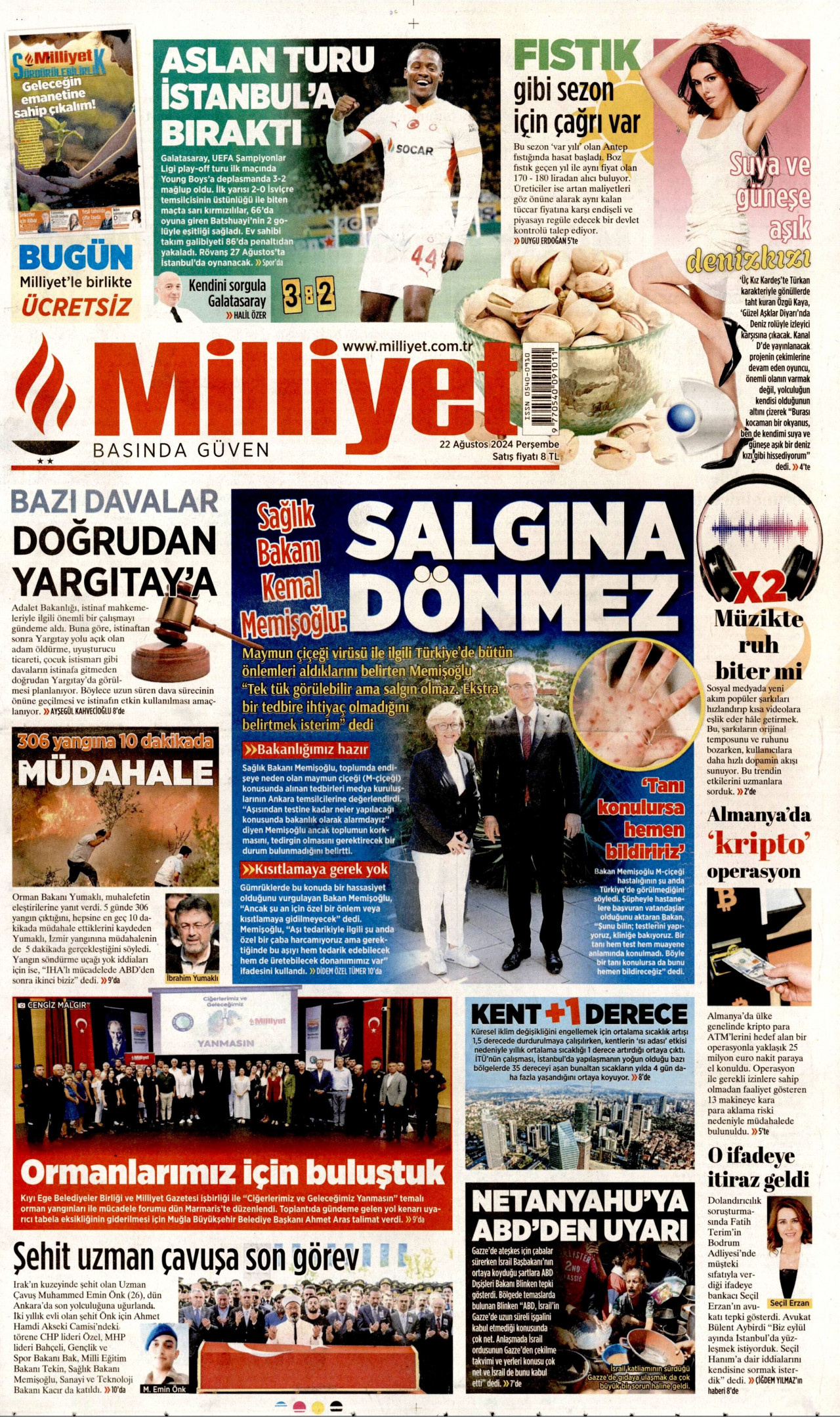 MİLLİYET gazetesinin 22 Ağustos 2024 tarihli birinci sayfası
