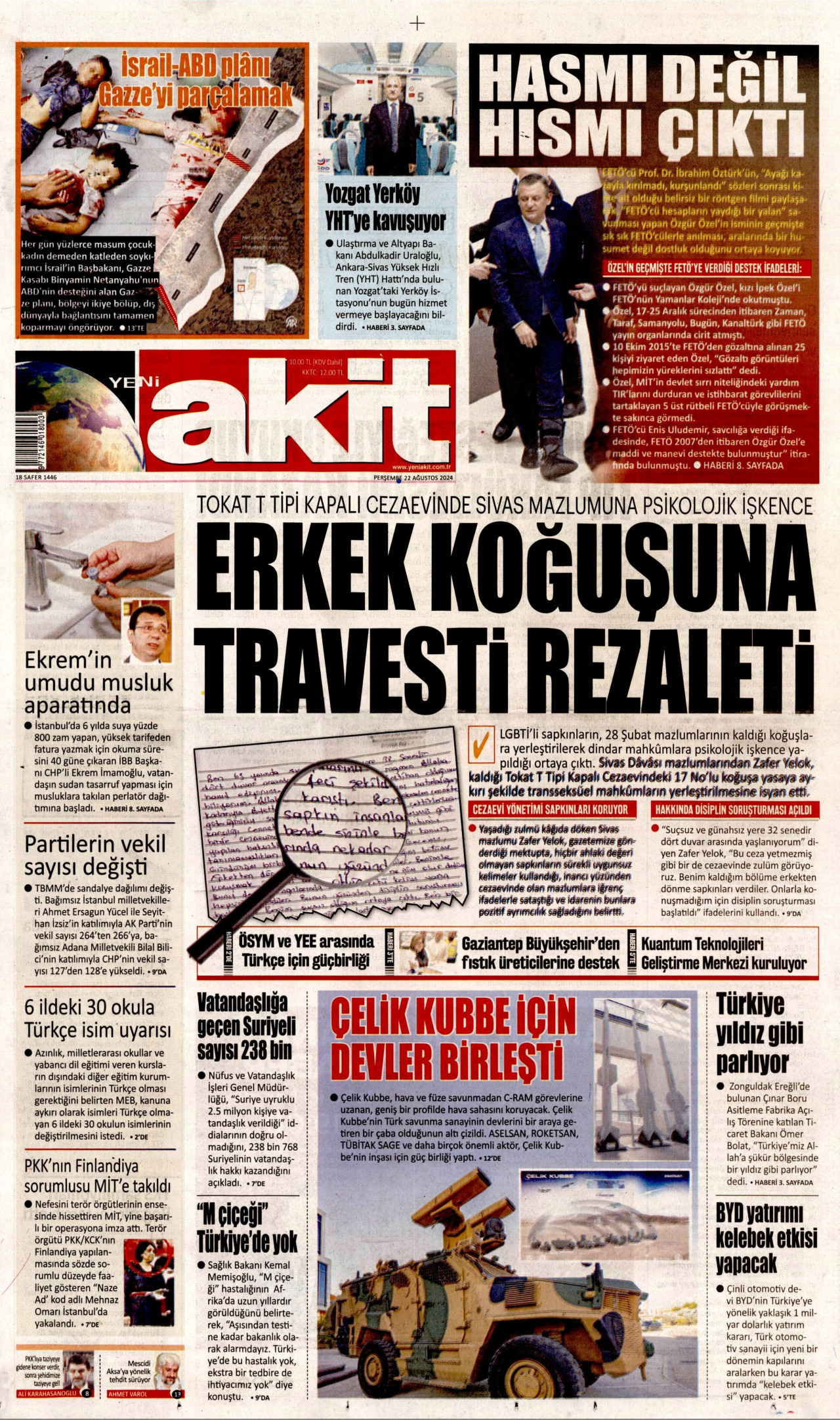 YENİ AKİT gazetesinin 22 Ağustos 2024 tarihli birinci sayfası