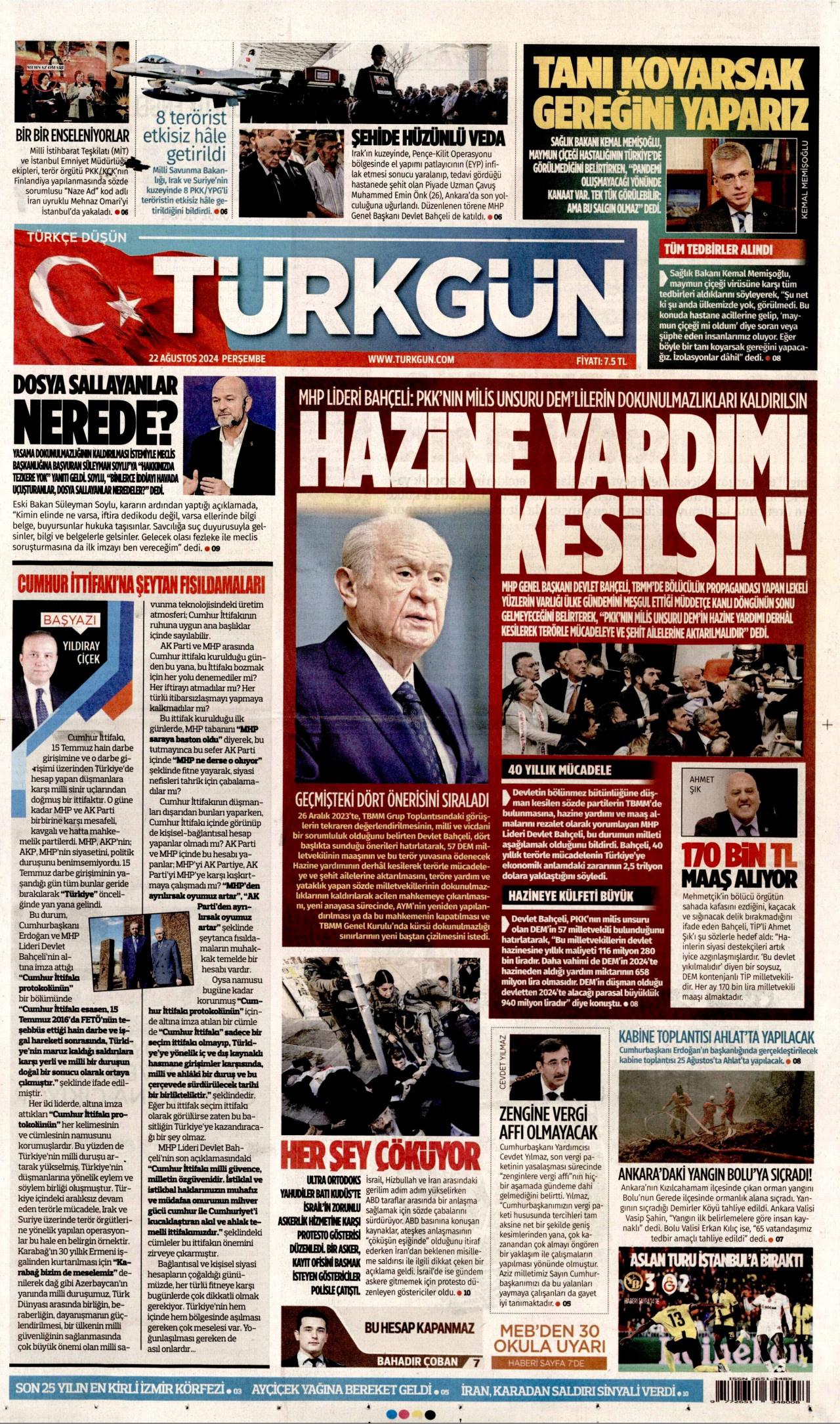 TÜRKGÜN gazetesinin 22 Ağustos 2024 tarihli birinci sayfası