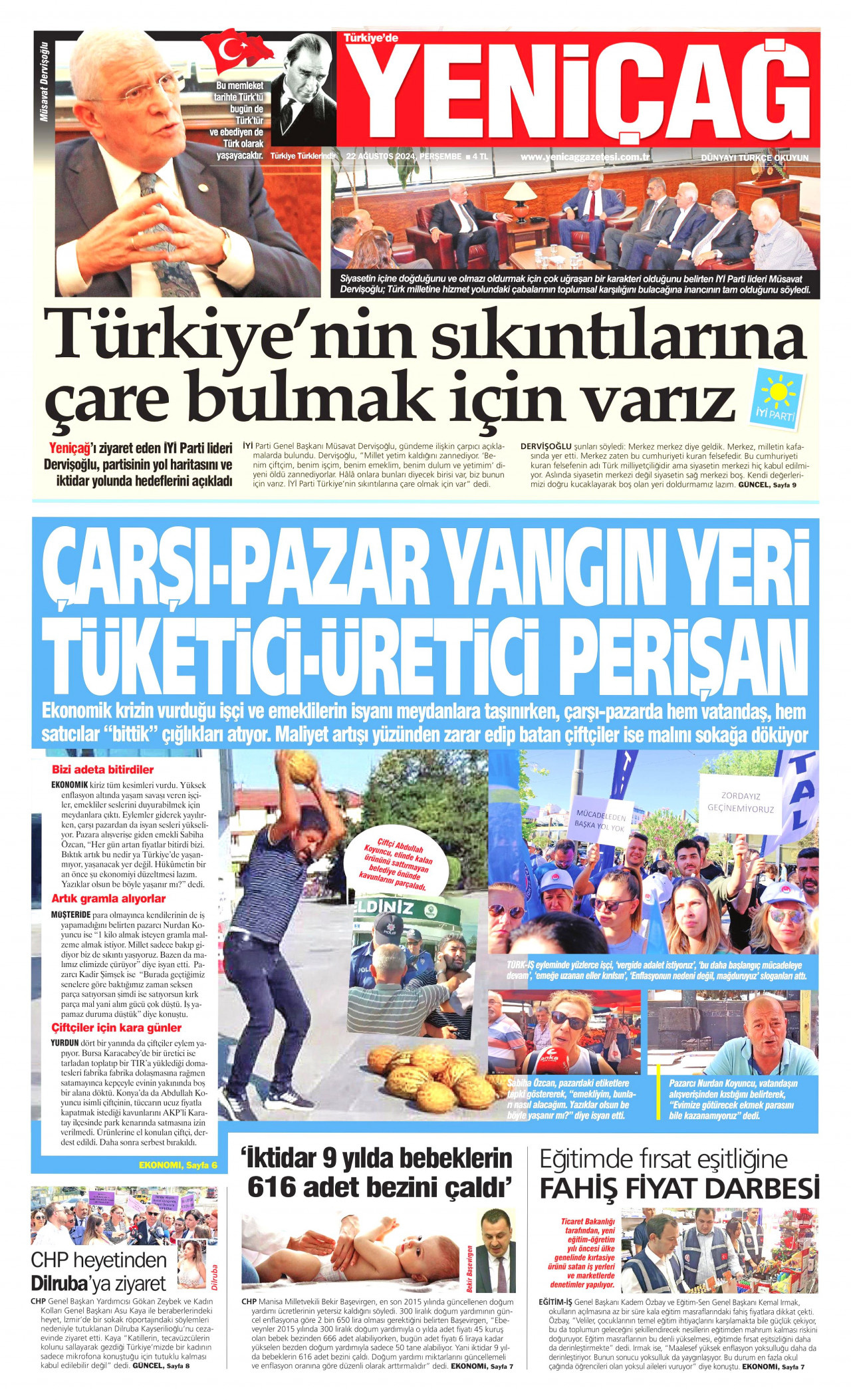 YENİÇAĞ gazetesinin 22 Ağustos 2024 tarihli birinci sayfası