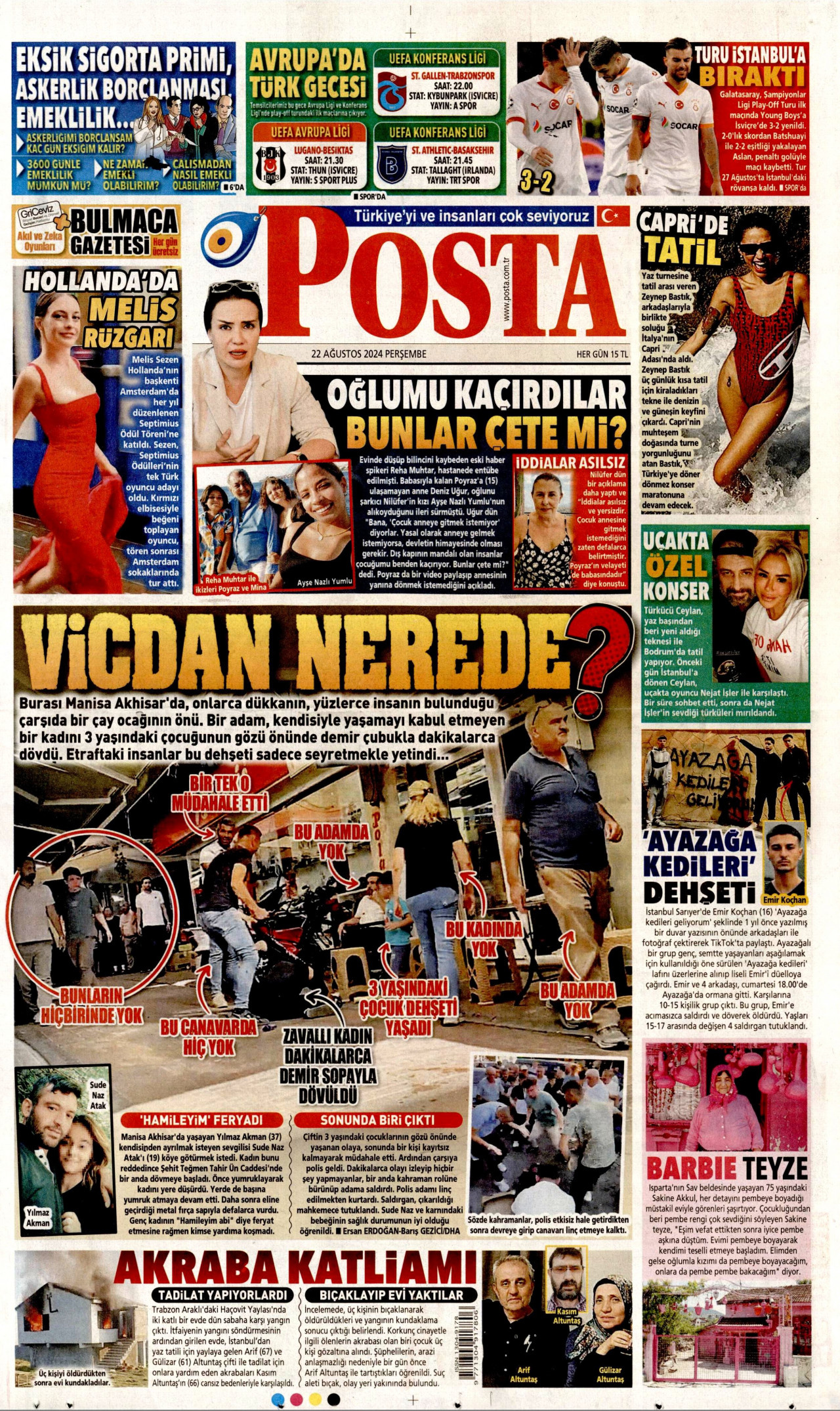 POSTA gazetesinin 22 Ağustos 2024 tarihli birinci sayfası