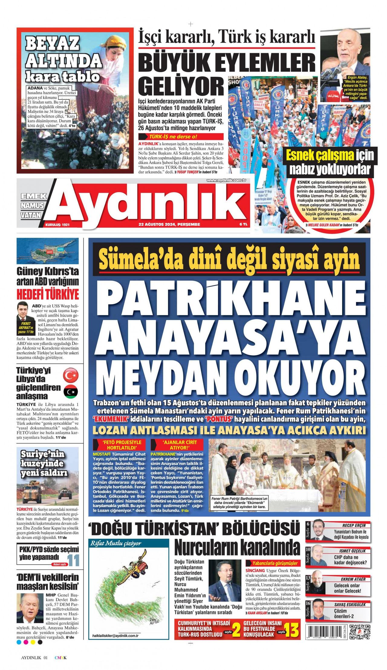 AYDINLIK GAZETESİ gazetesinin 22 Ağustos 2024 tarihli birinci sayfası