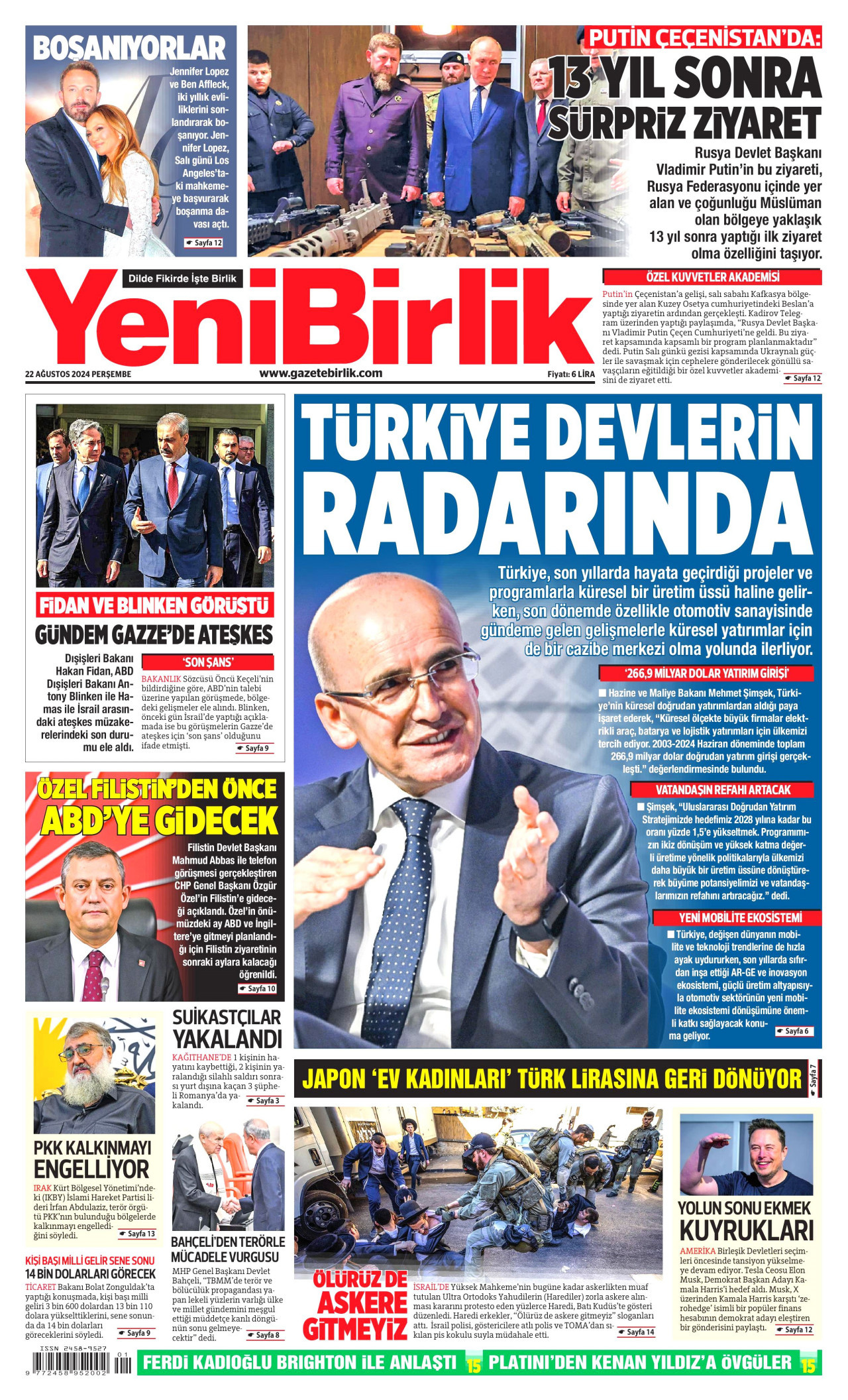 YENİBİRLİK gazetesinin 22 Ağustos 2024 tarihli birinci sayfası
