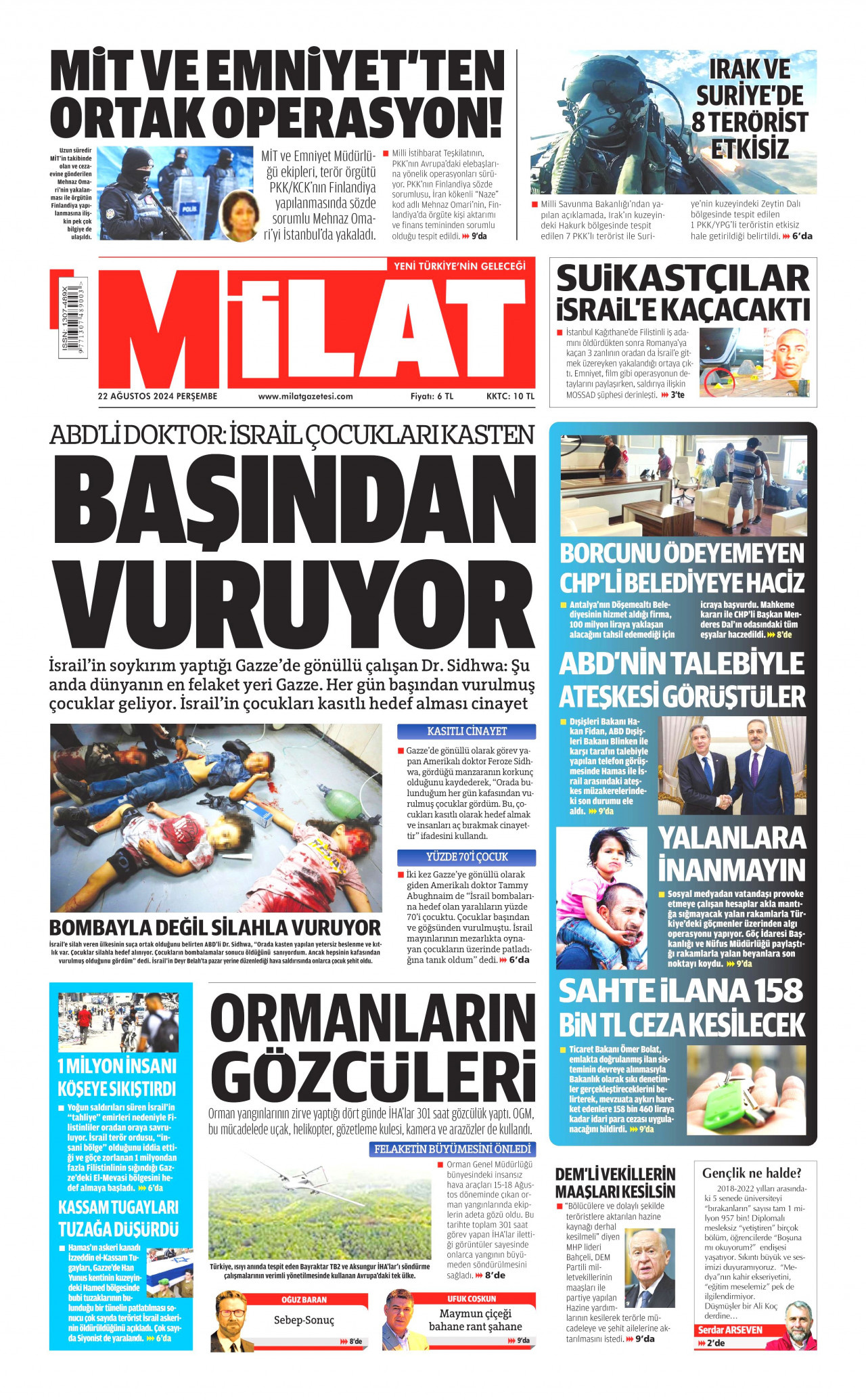 MİLAT gazetesinin 22 Ağustos 2024 tarihli birinci sayfası
