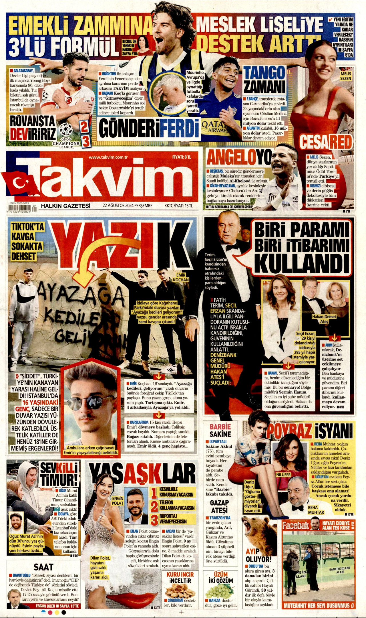 TAKVİM gazetesinin 22 Ağustos 2024 tarihli birinci sayfası