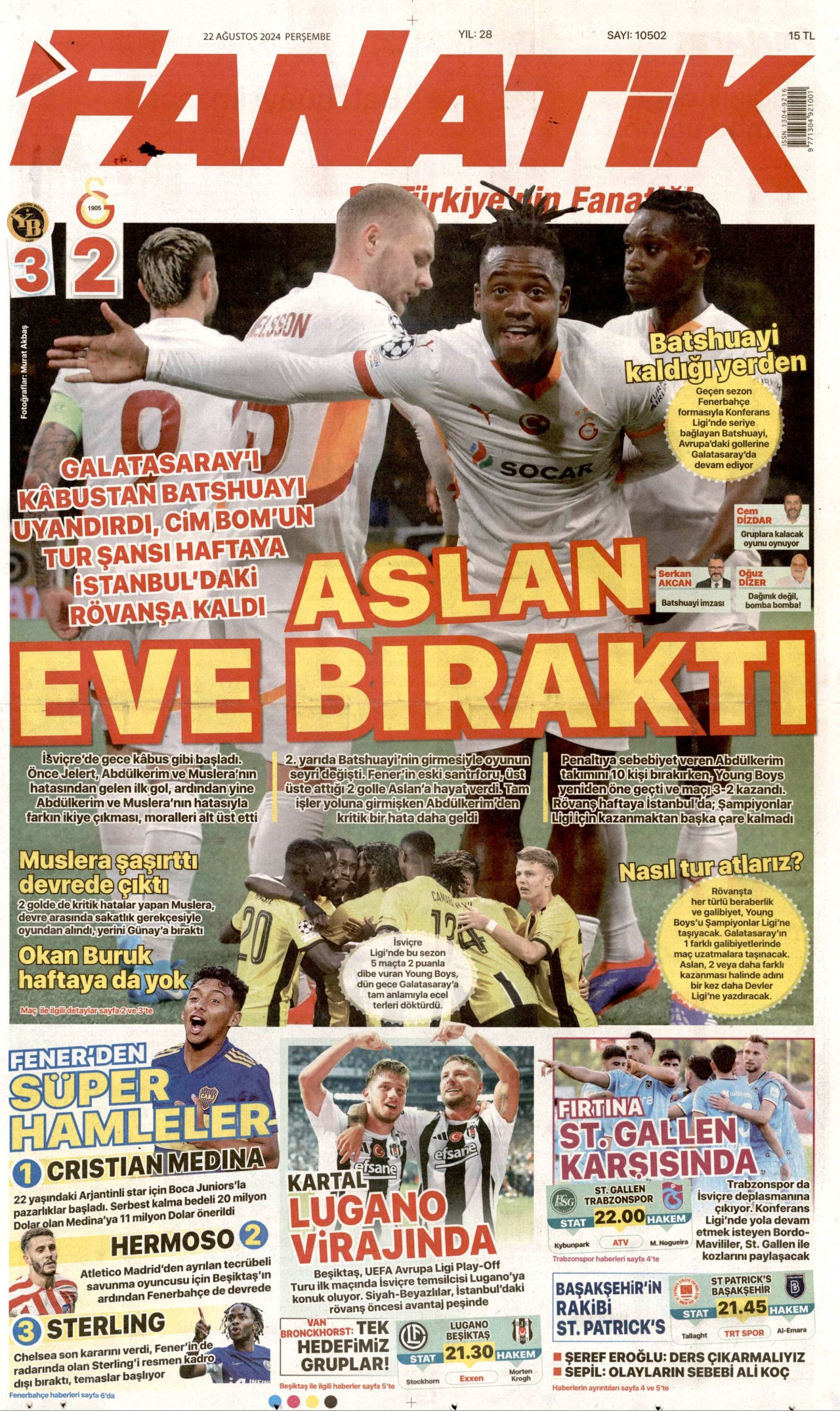 FANATİK gazetesinin 22 Ağustos 2024 tarihli birinci sayfası